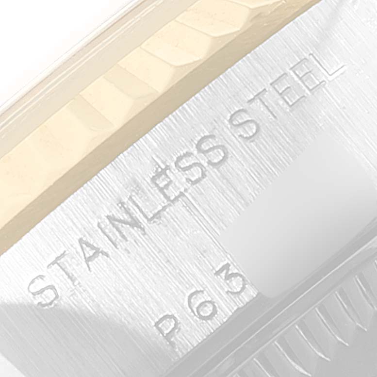 The image shows a close-up of the case side of a Rolex Datejust 79173 Women's Steel and Gold (two tone) Mother of Pearl Dial 79173 Women's Steel and Gold (two tone) Mother of Pearl Dial, highlighting the stainless steel material.