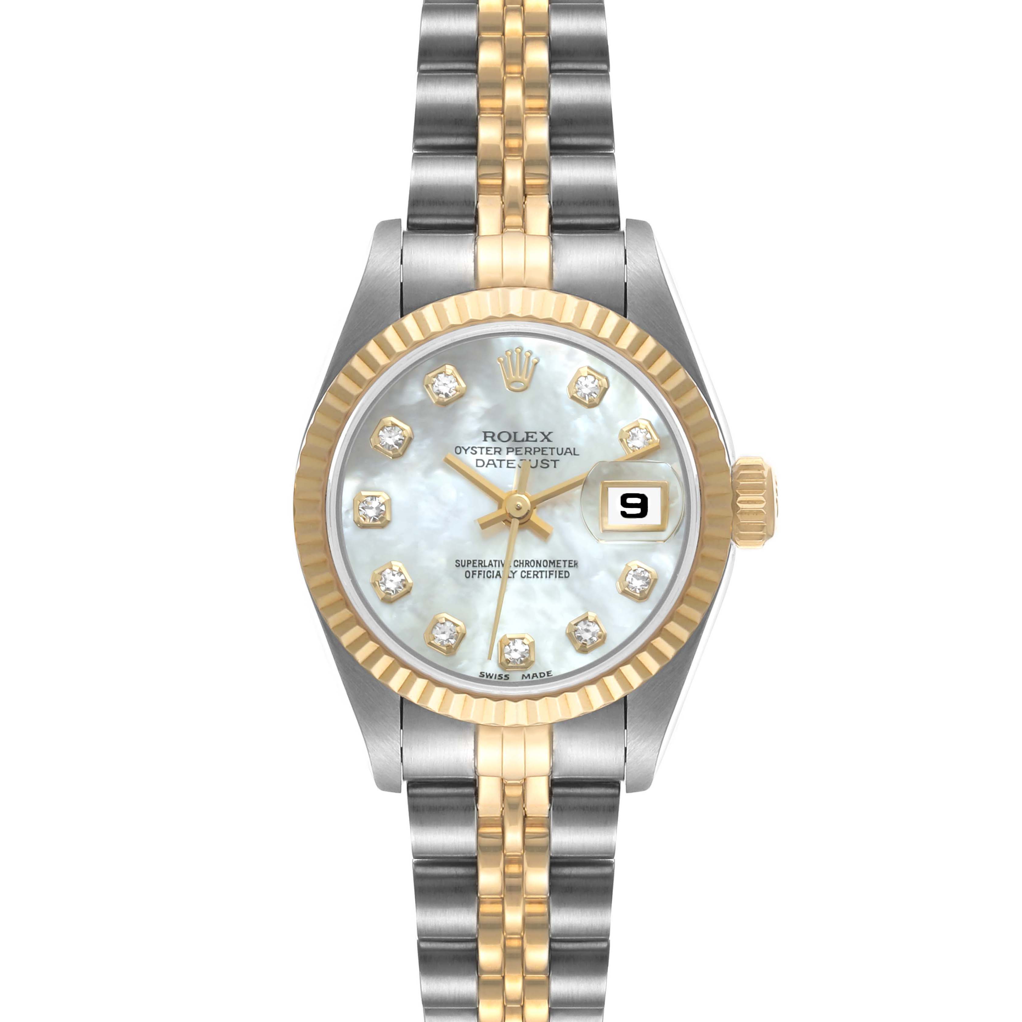 The Datejust Rolex watch is shown from the front, detailing the face, bezel, and two-tone bracelet.