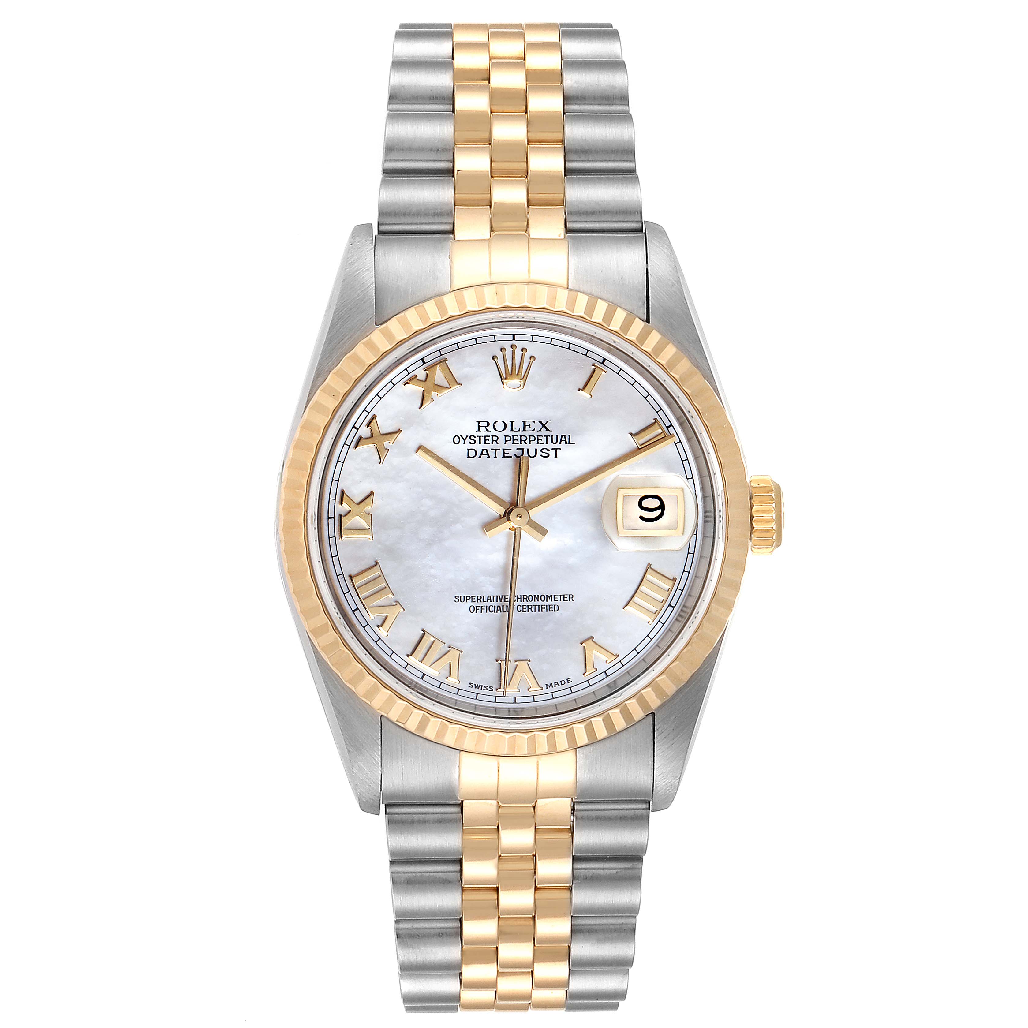 This is a frontal view of the Rolex Datejust 16233 Men
s Steel and Gold (two tone) Mother of Pearl Dial 16233 Men
s Steel and Gold (two tone) Mother of Pearl Dial watch showing the dial, bezel, bracelet, hands, and date window.