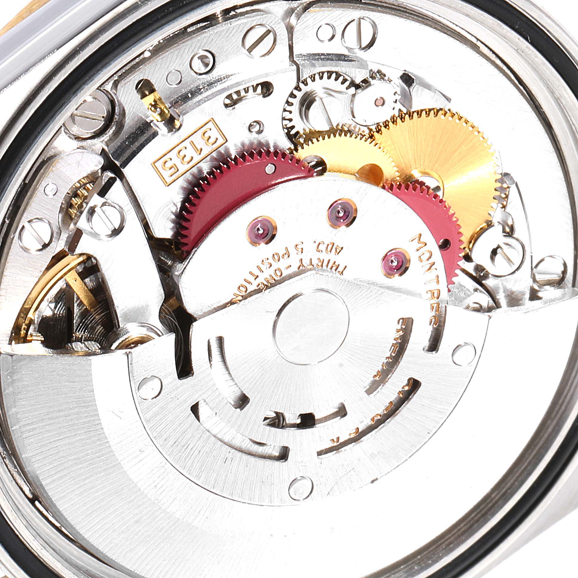 The image shows a close-up view of the internal mechanical movement of a Rolex Datejust 16233 Men
s Steel and Gold (two tone) Mother of Pearl Dial 16233 Men
s Steel and Gold (two tone) Mother of Pearl Dial watch.