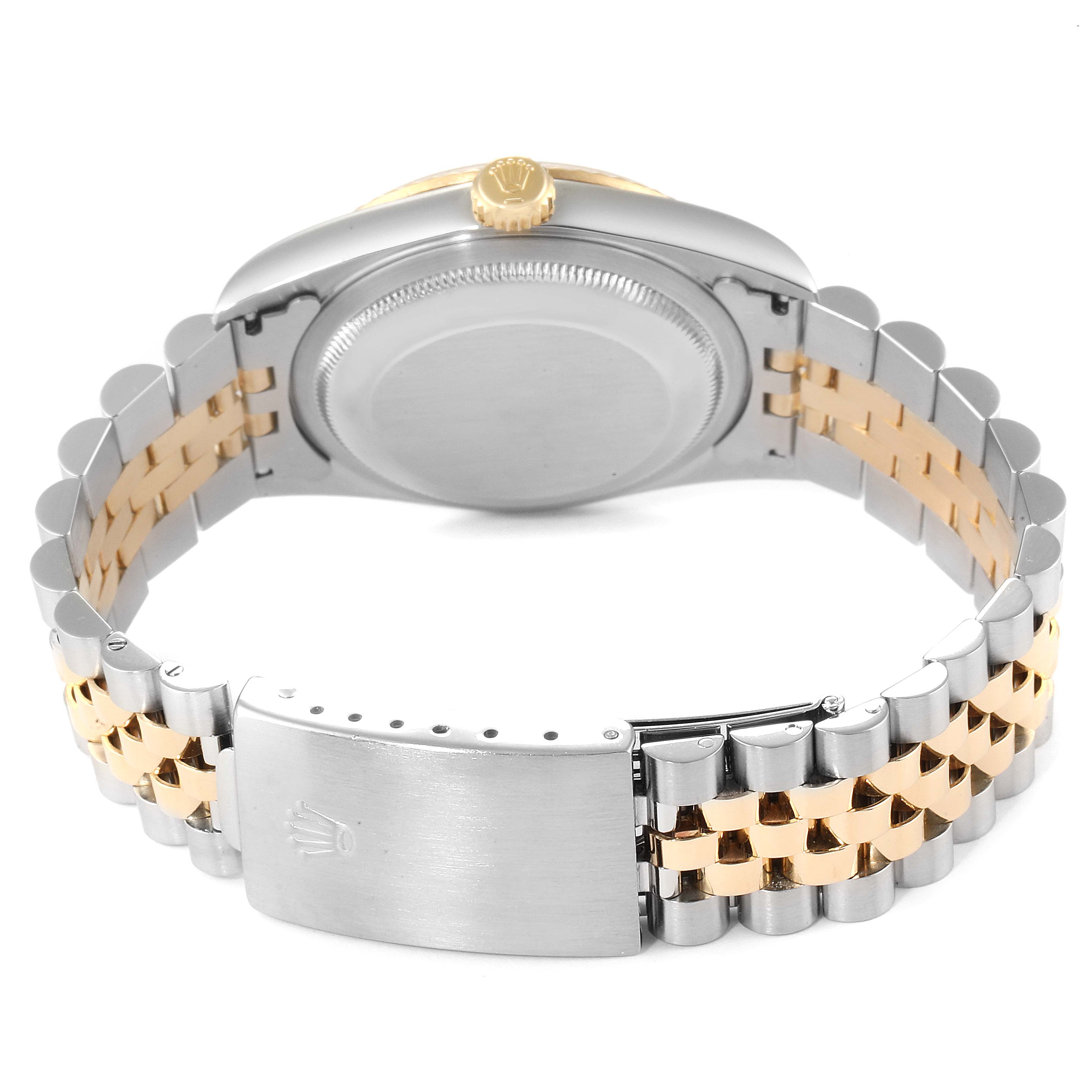 This image shows the back casing and jubilee bracelet of a Rolex Datejust 16233 Men
s Steel and Gold (two tone) Mother of Pearl Dial 16233 Men
s Steel and Gold (two tone) Mother of Pearl Dial watch.