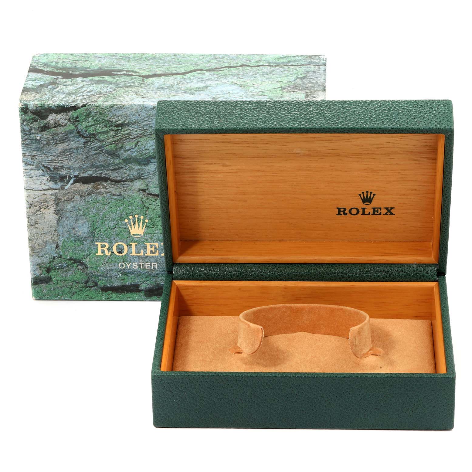 This image shows a Rolex Datejust 16233 Men
s Steel and Gold (two tone) Mother of Pearl Dial 16233 Men
s Steel and Gold (two tone) Mother of Pearl Dial watch box and its interior from an overhead angle.