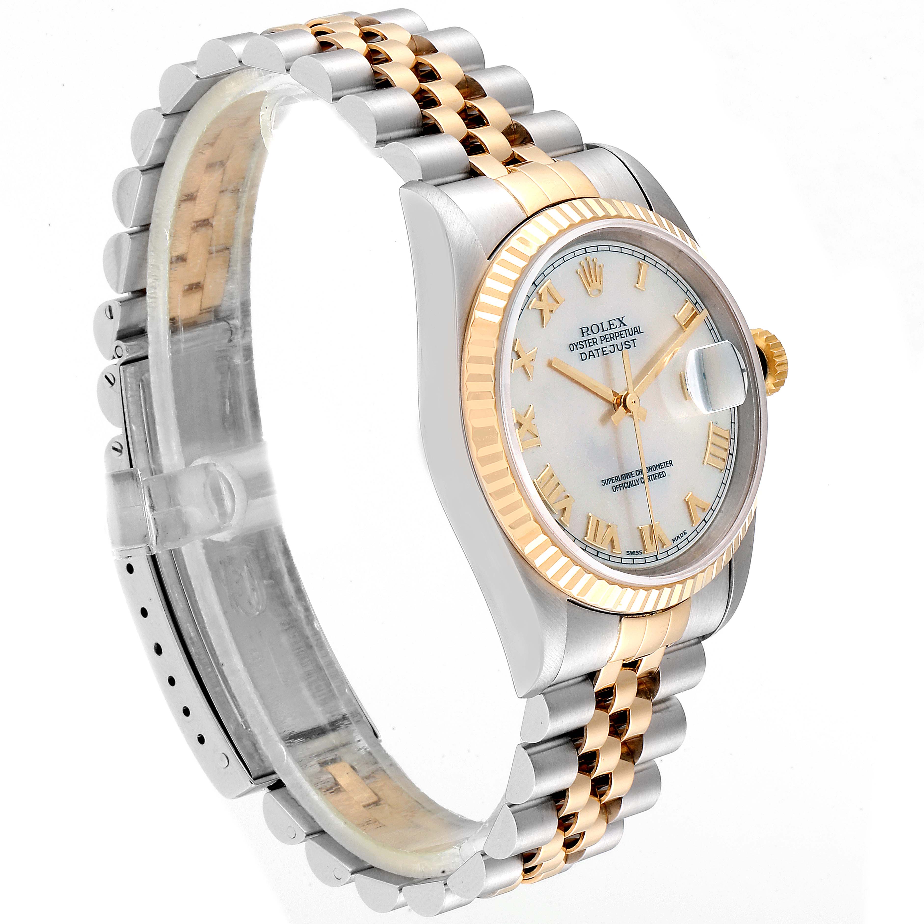 The Rolex Datejust 16233 Men
s Steel and Gold (two tone) Mother of Pearl Dial 16233 Men
s Steel and Gold (two tone) Mother of Pearl Dial watch is shown at a slight side angle, displaying its two-tone bracelet, fluted bezel, and dial with Roman numerals.
