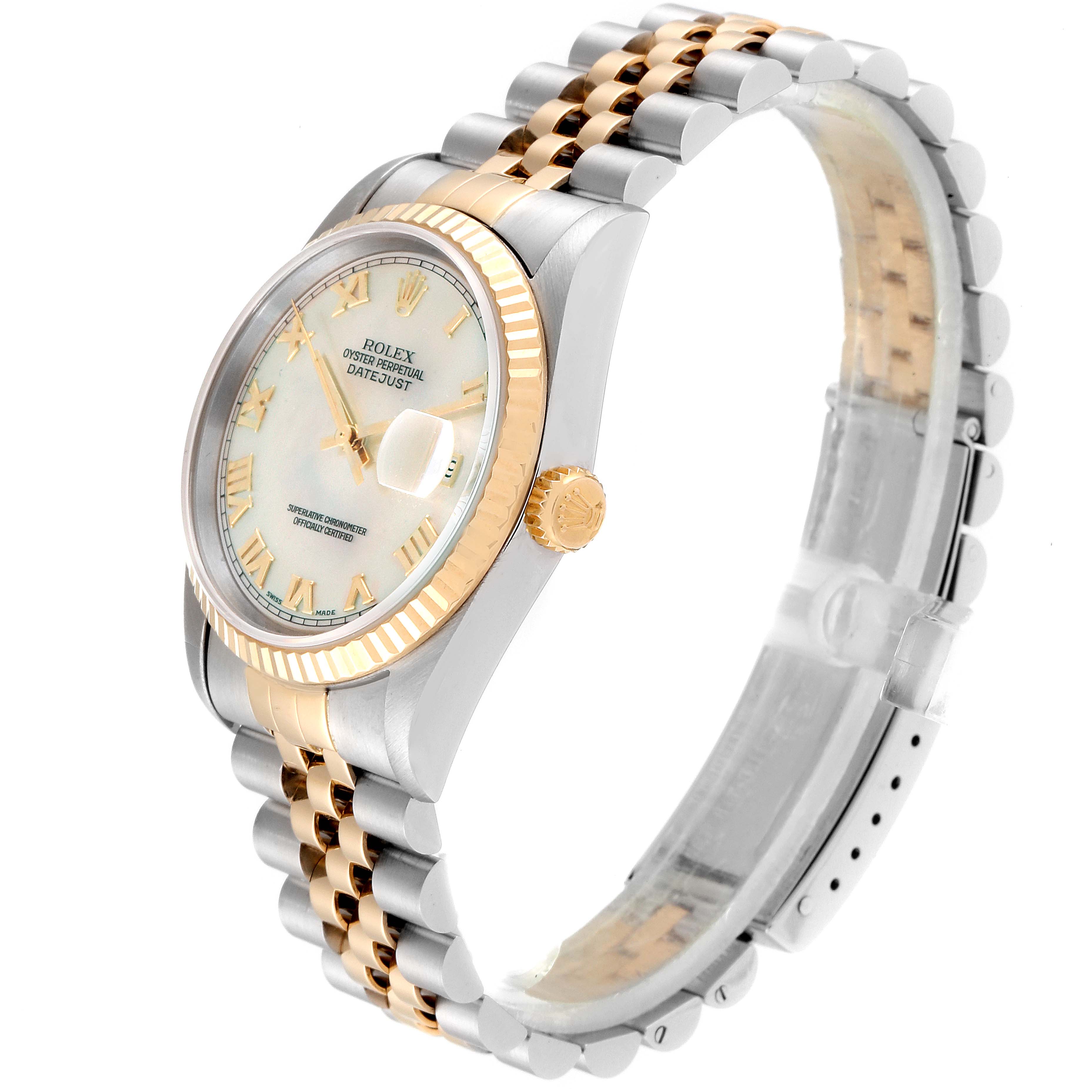 This image shows a Rolex Datejust 16233 Men
s Steel and Gold (two tone) Mother of Pearl Dial 16233 Men
s Steel and Gold (two tone) Mother of Pearl Dial watch at an angled side view, featuring its crown, fluted bezel, and two-tone Jubilee bracelet.