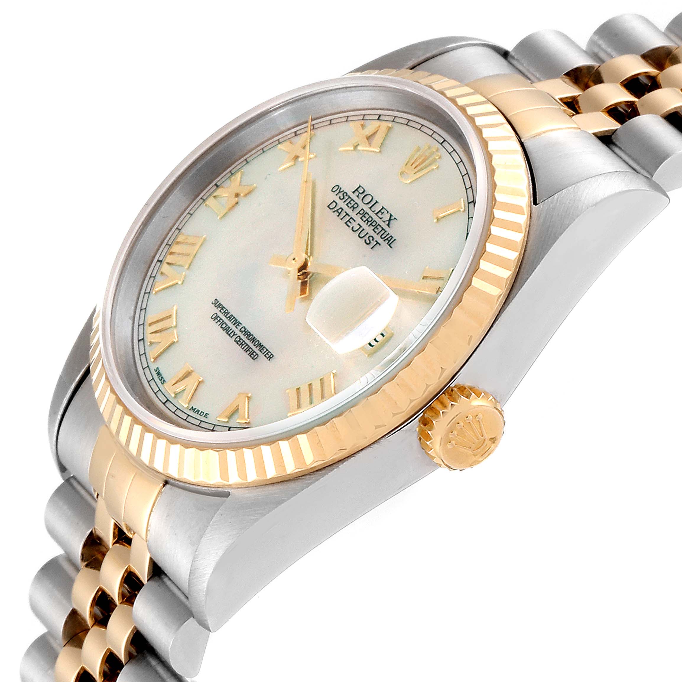 The image shows a Rolex Datejust 16233 Men
s Steel and Gold (two tone) Mother of Pearl Dial 16233 Men
s Steel and Gold (two tone) Mother of Pearl Dial watch from an angled view highlighting the dial, bezel, and part of the bracelet.