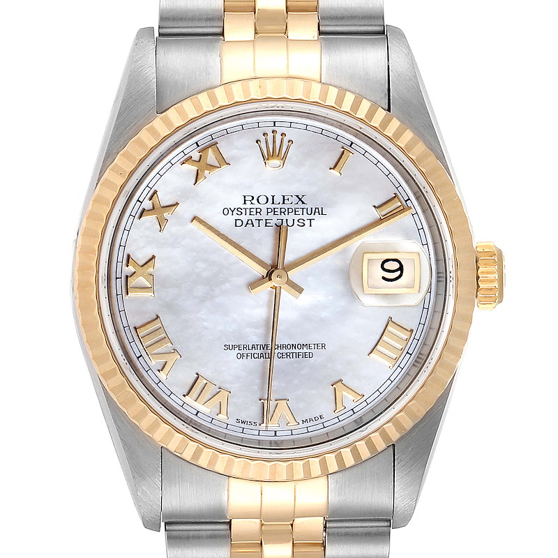 Rolex Datejust Steel Yellow Gold MOP Roman Dial Mens Watch 16233 SwissWatchExpo