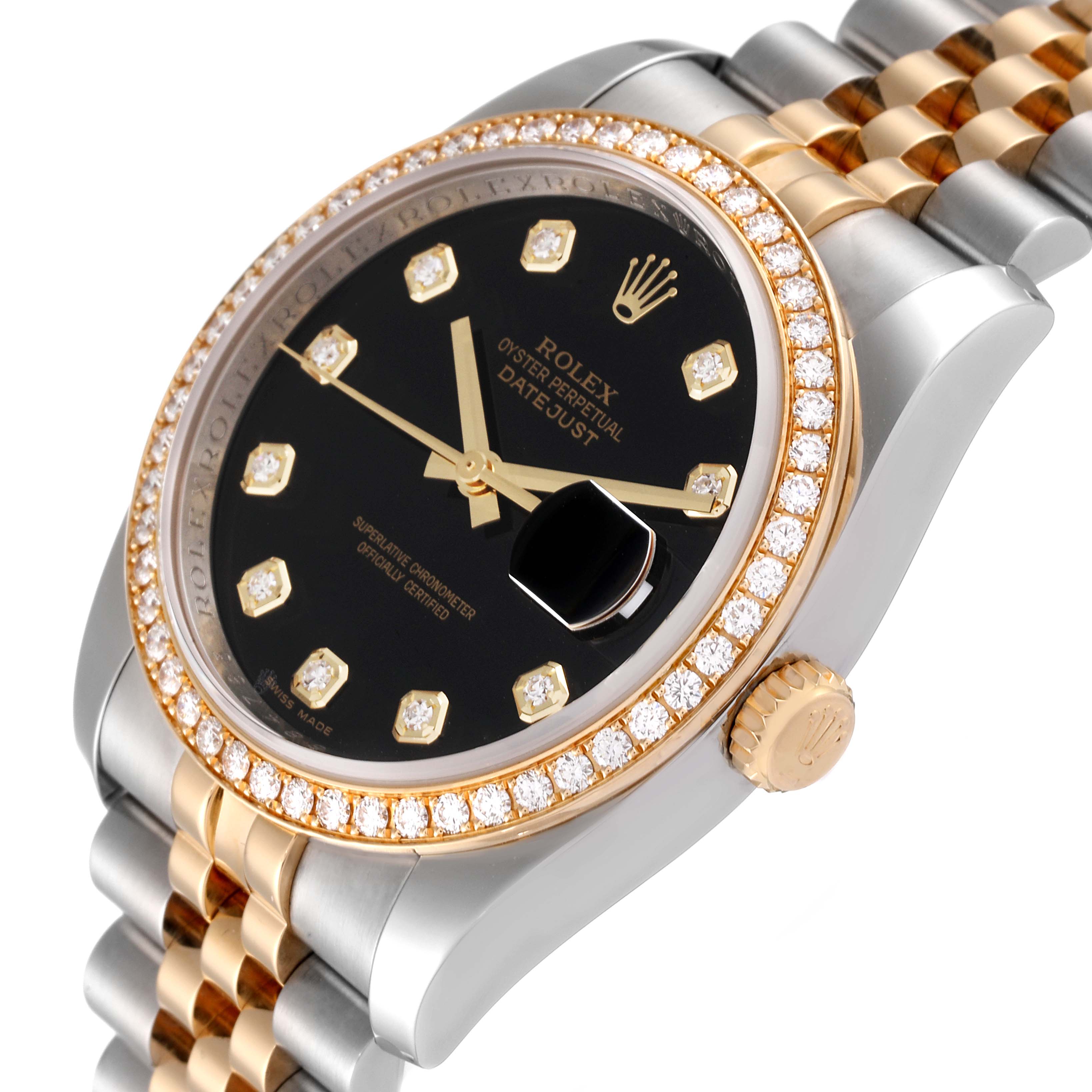 The Rolex Datejust 116243 Men's Steel and Gold (two tone) Black Dial 116243 Men's Steel and Gold (two tone) Black Dial watch is shown from an angled view, highlighting the bezel, dial, and jubilee bracelet.