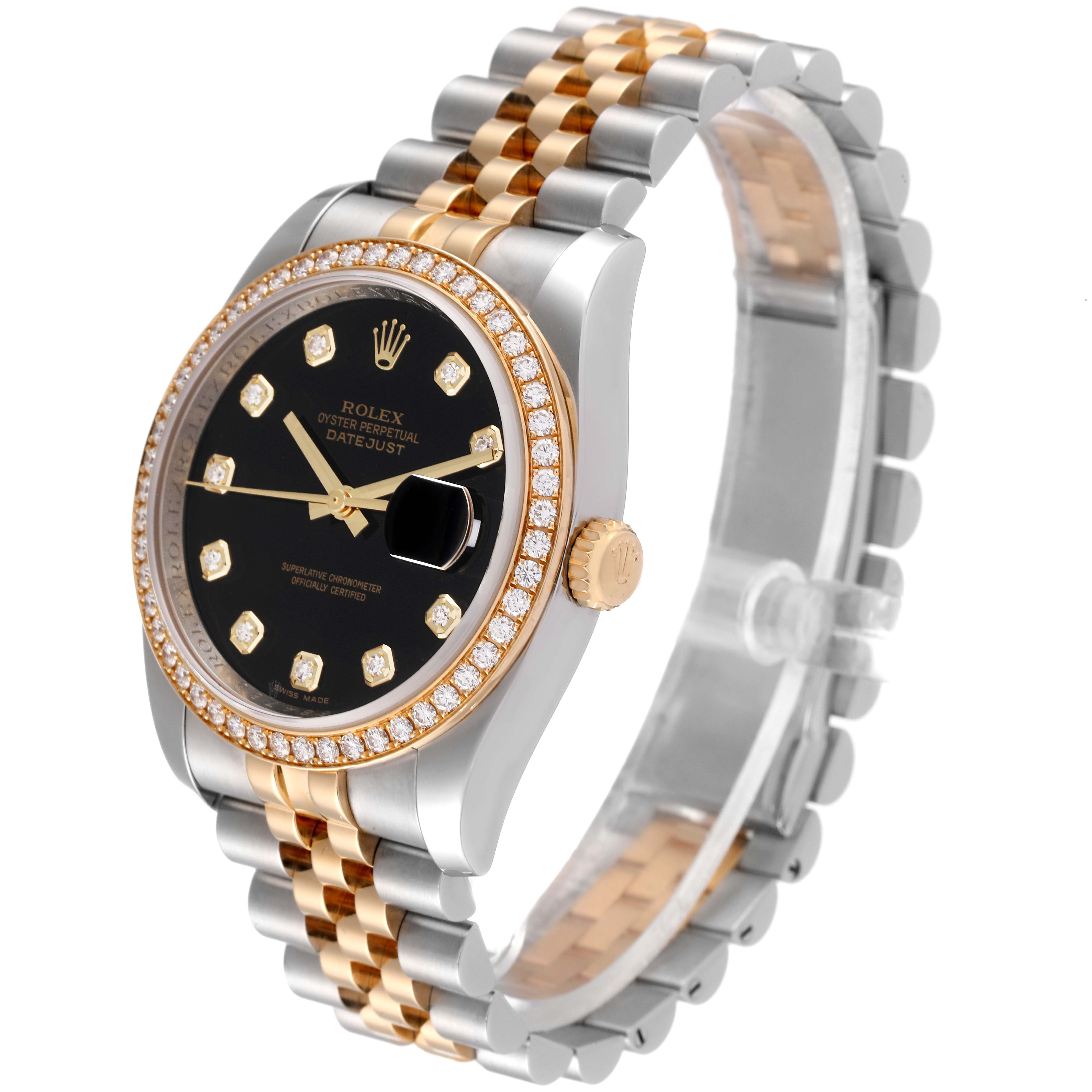 The Rolex Datejust 116243 Men's Steel and Gold (two tone) Black Dial 116243 Men's Steel and Gold (two tone) Black Dial watch is shown at a three-quarter angle, highlighting its two-tone bracelet, diamond bezel, black dial, and crown.