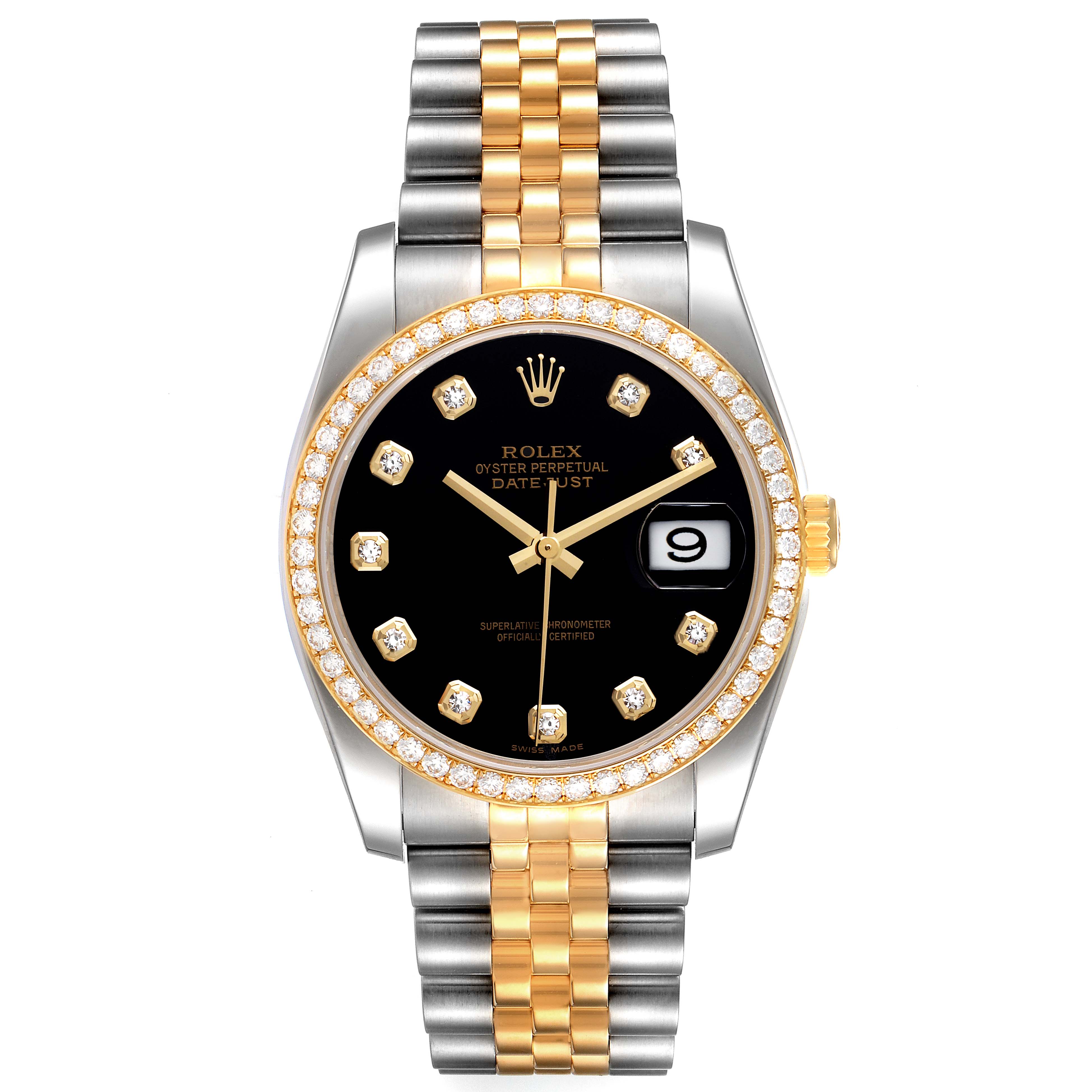 The Rolex Datejust 116243 Men's Steel and Gold (two tone) Black Dial 116243 Men's Steel and Gold (two tone) Black Dial watch is shown from the front, highlighting the face, bezel, and bracelet.