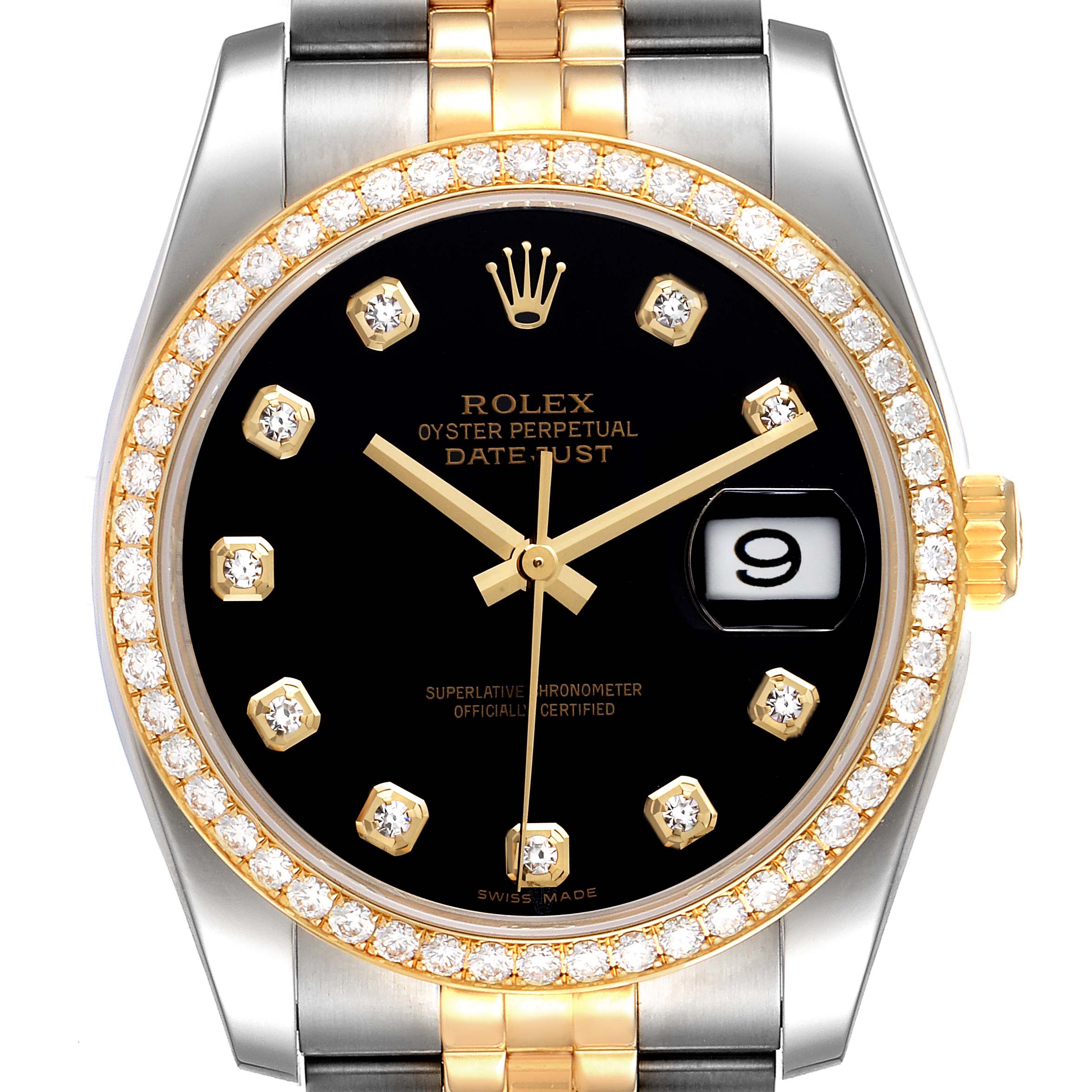 The Rolex Datejust 116243 Men's Steel and Gold (two tone) Black Dial 116243 Men's Steel and Gold (two tone) Black Dial watch is shown from a straight-on angle, highlighting its black dial, diamond hour markers, and two-tone bracelet.