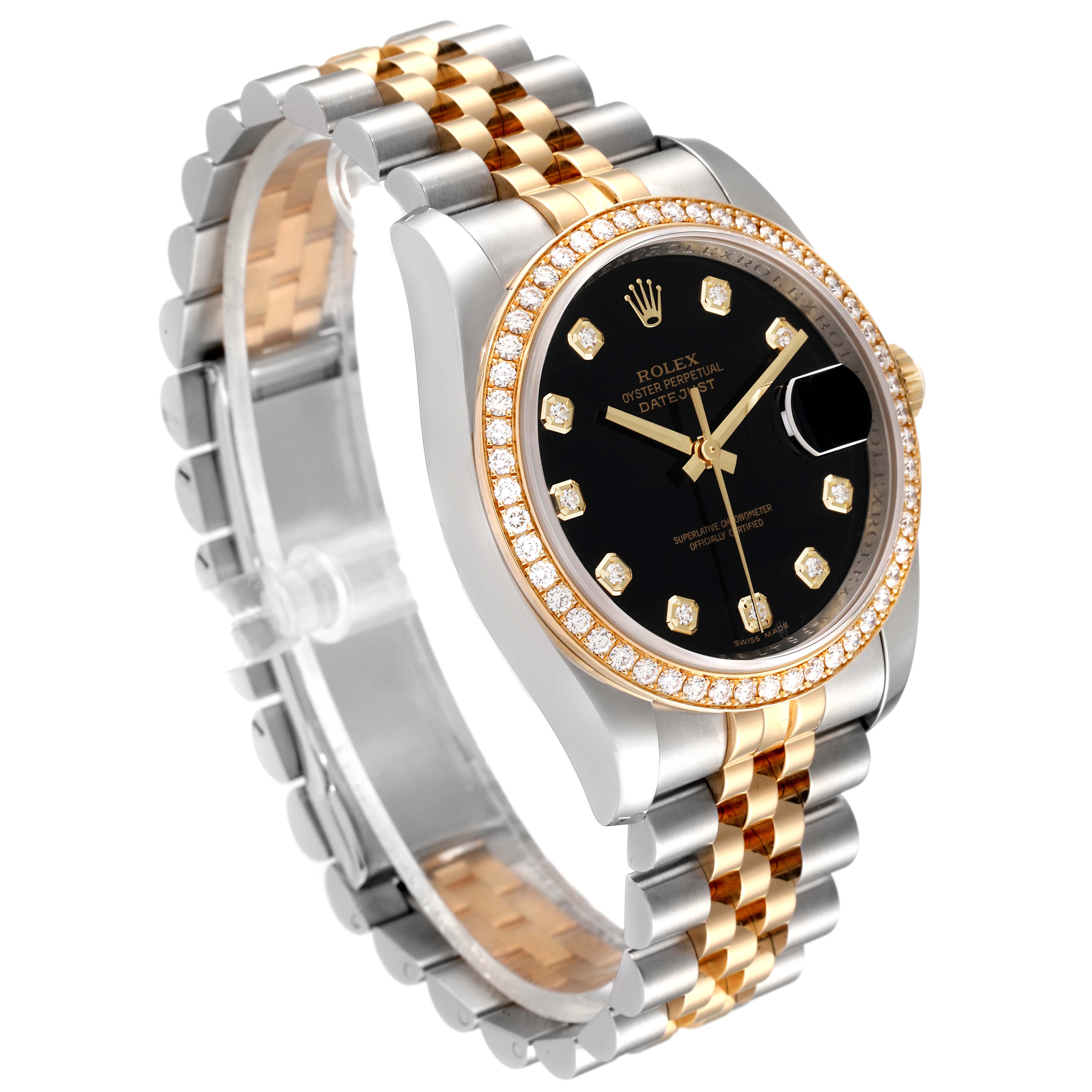 This image shows a Rolex Datejust 116243 Men's Steel and Gold (two tone) Black Dial 116243 Men's Steel and Gold (two tone) Black Dial watch angled to display the bracelet, bezel, and dial clearly.