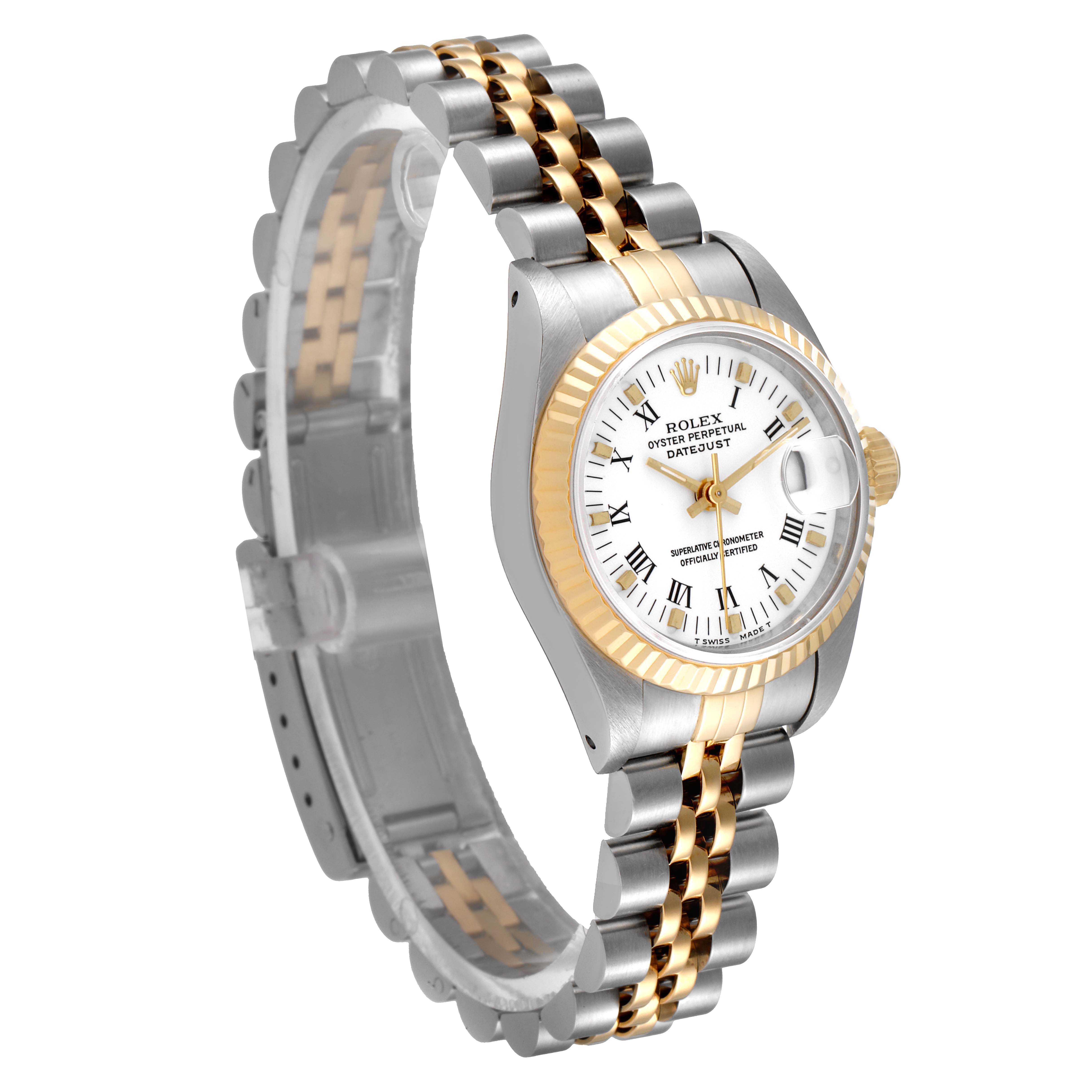 The image shows a Rolex Datejust 69173 Women
s Steel and Gold (two tone) White Dial 69173 Women
s Steel and Gold (two tone) White Dial watch at an angle highlighting its two-tone bracelet, fluted bezel, and white dial with Roman numerals.