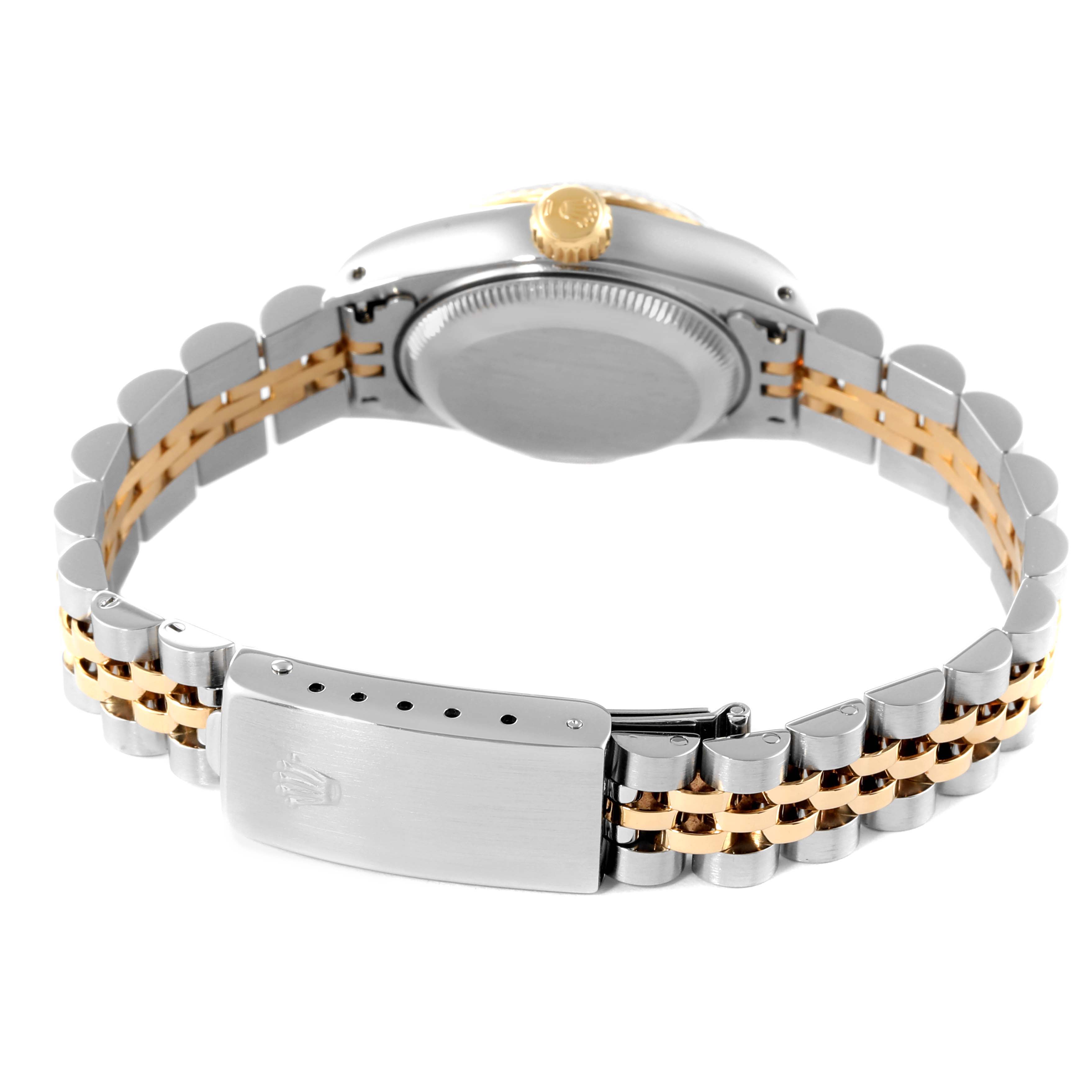 This image shows a rear view of the Rolex Datejust 69173 Women
s Steel and Gold (two tone) White Dial 69173 Women
s Steel and Gold (two tone) White Dial watch, highlighting the case back, crown, and two-tone bracelet.