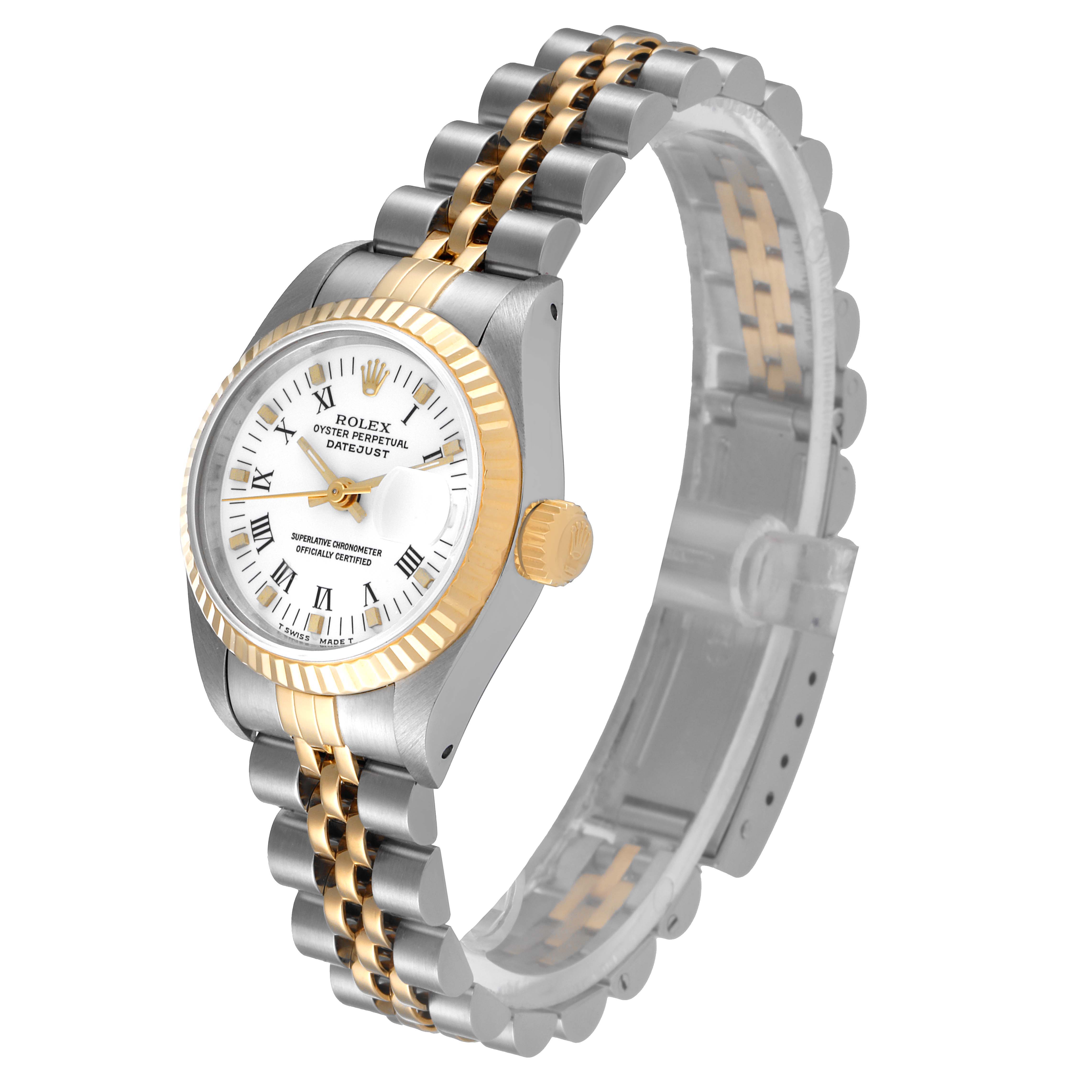 The Rolex Datejust 69173 Women
s Steel and Gold (two tone) White Dial 69173 Women
s Steel and Gold (two tone) White Dial watch is shown at a 3/4 angle, highlighting its face, bezel, crown, and bi-color stainless steel and gold bracelet.