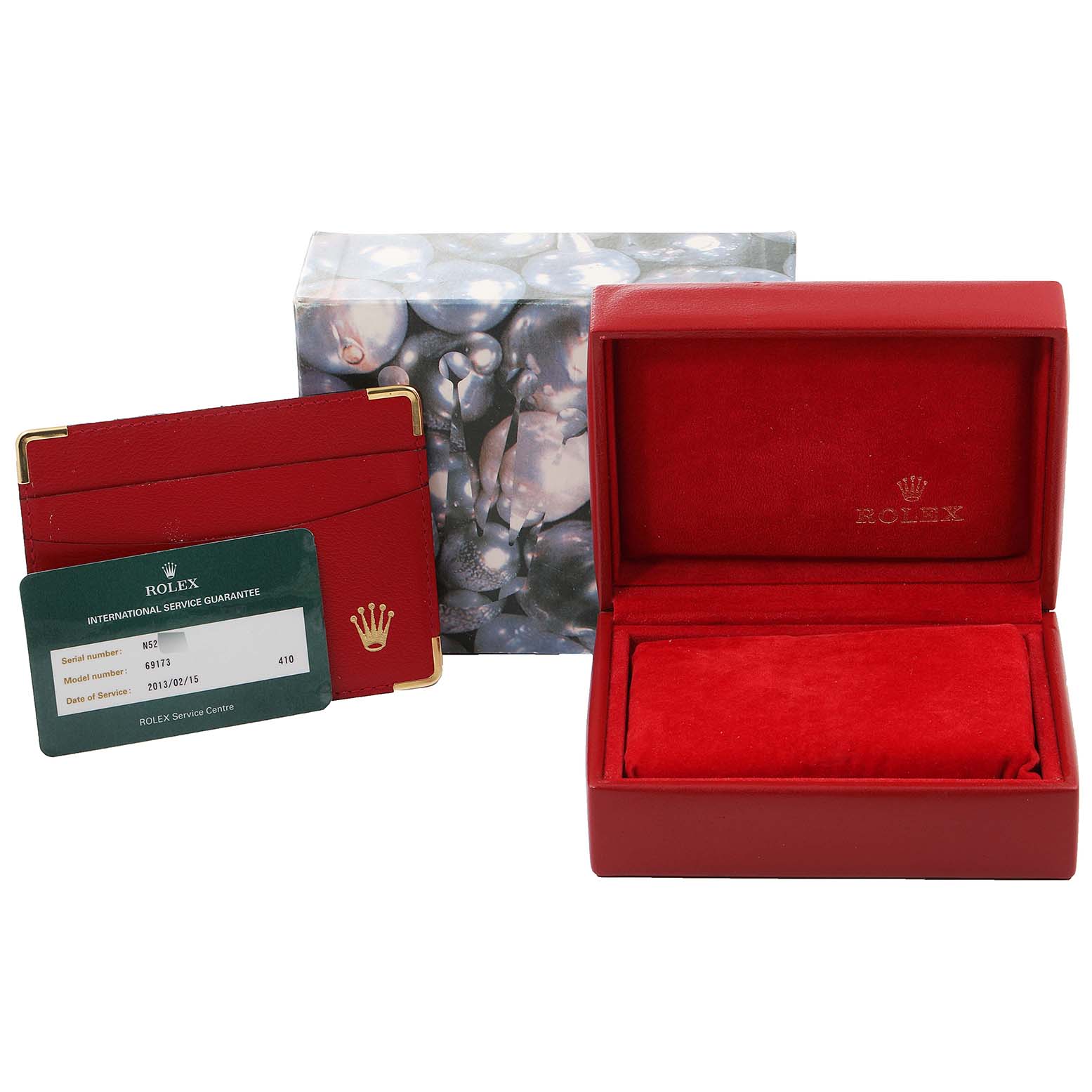 The image displays the Rolex Datejust 69173 Women
s Steel and Gold (two tone) White Dial 69173 Women
s Steel and Gold (two tone) White Dial model
s empty box, guarantee card, cardholder, and the outer box.