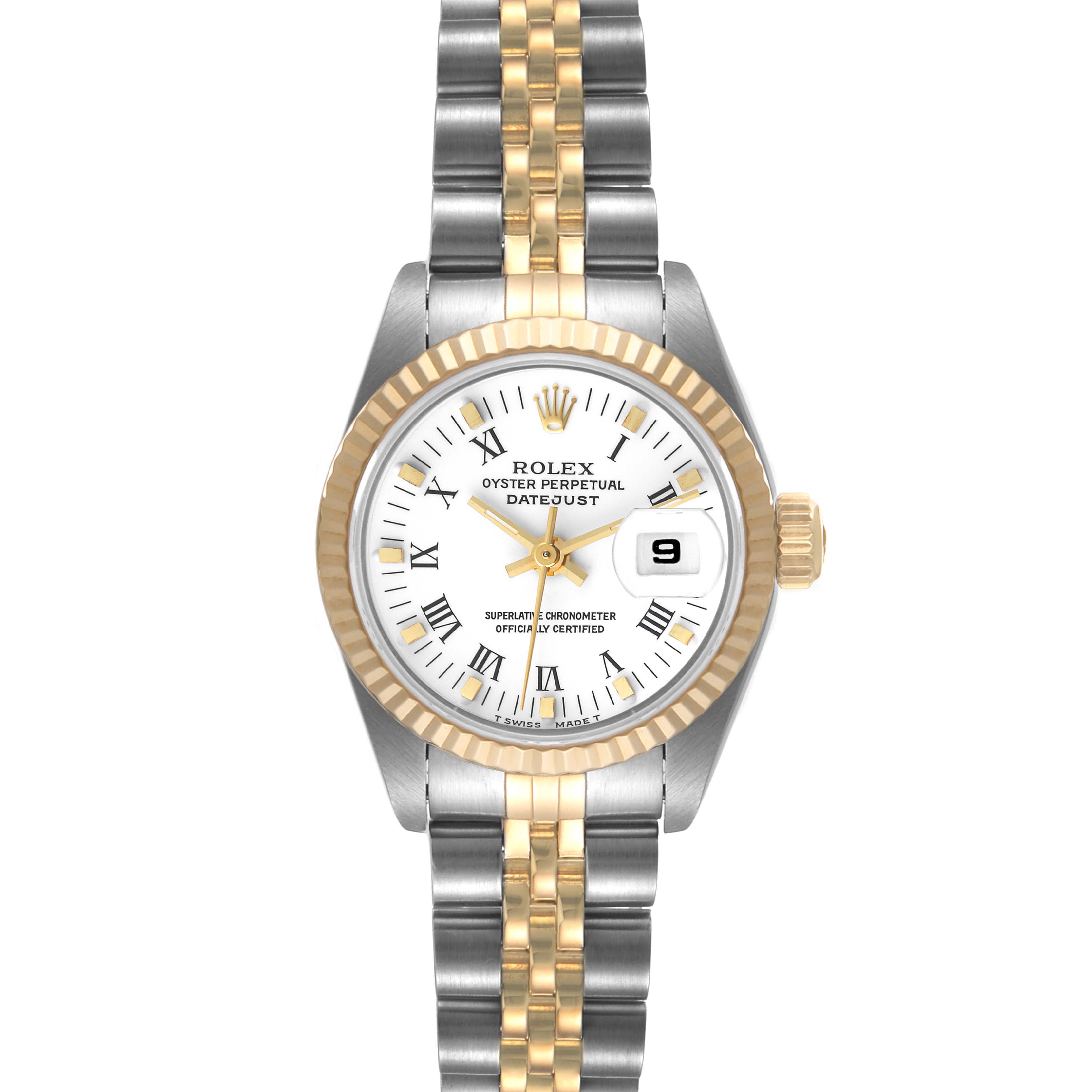 The Rolex Datejust 69173 Women
s Steel and Gold (two tone) White Dial 69173 Women
s Steel and Gold (two tone) White Dial watch is shown from a front angle, displaying the bezel, dial, hands, and part of the bracelet.