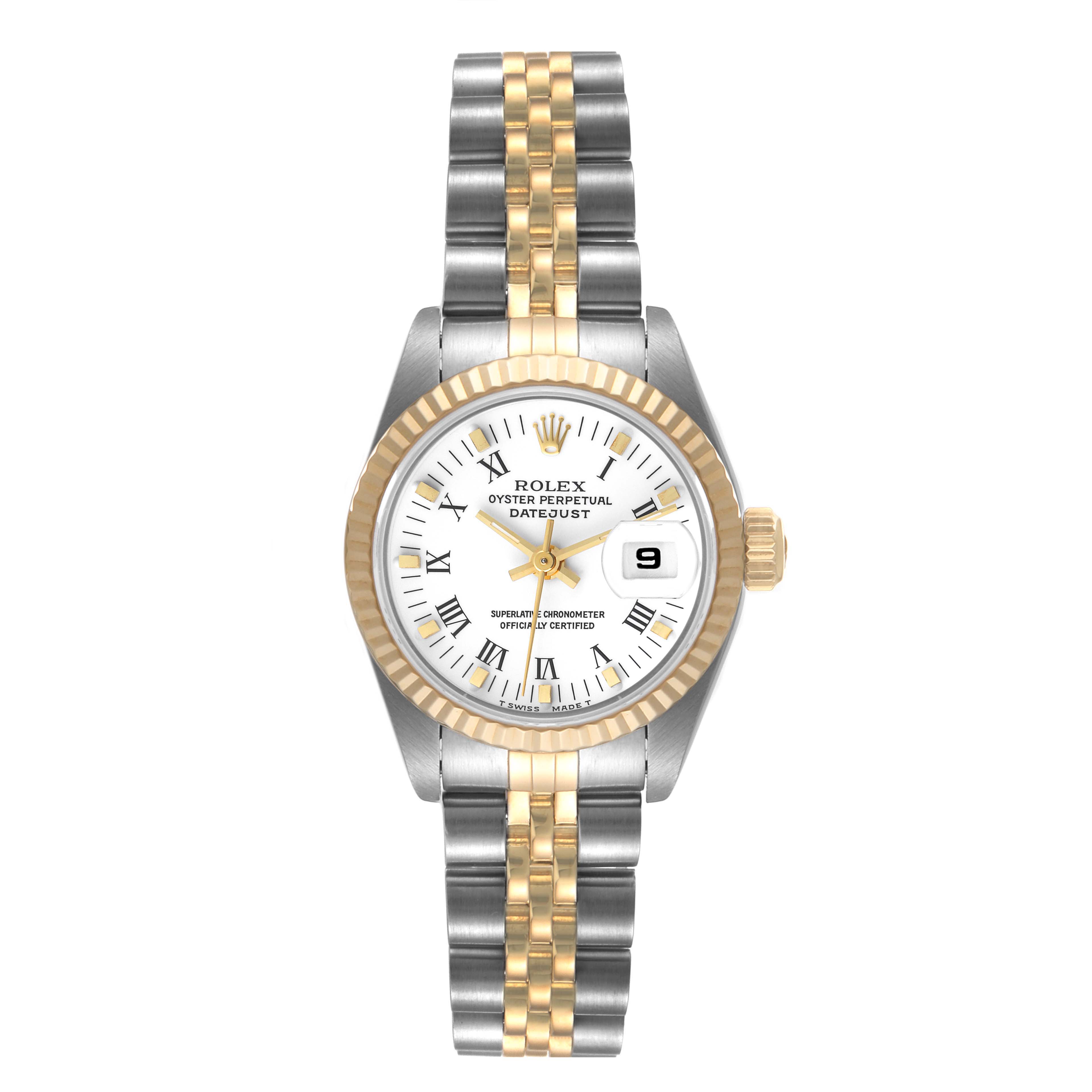 This image shows a front view of the Rolex Datejust 69173 Women
s Steel and Gold (two tone) White Dial 69173 Women
s Steel and Gold (two tone) White Dial watch with a two-tone bracelet and white dial.