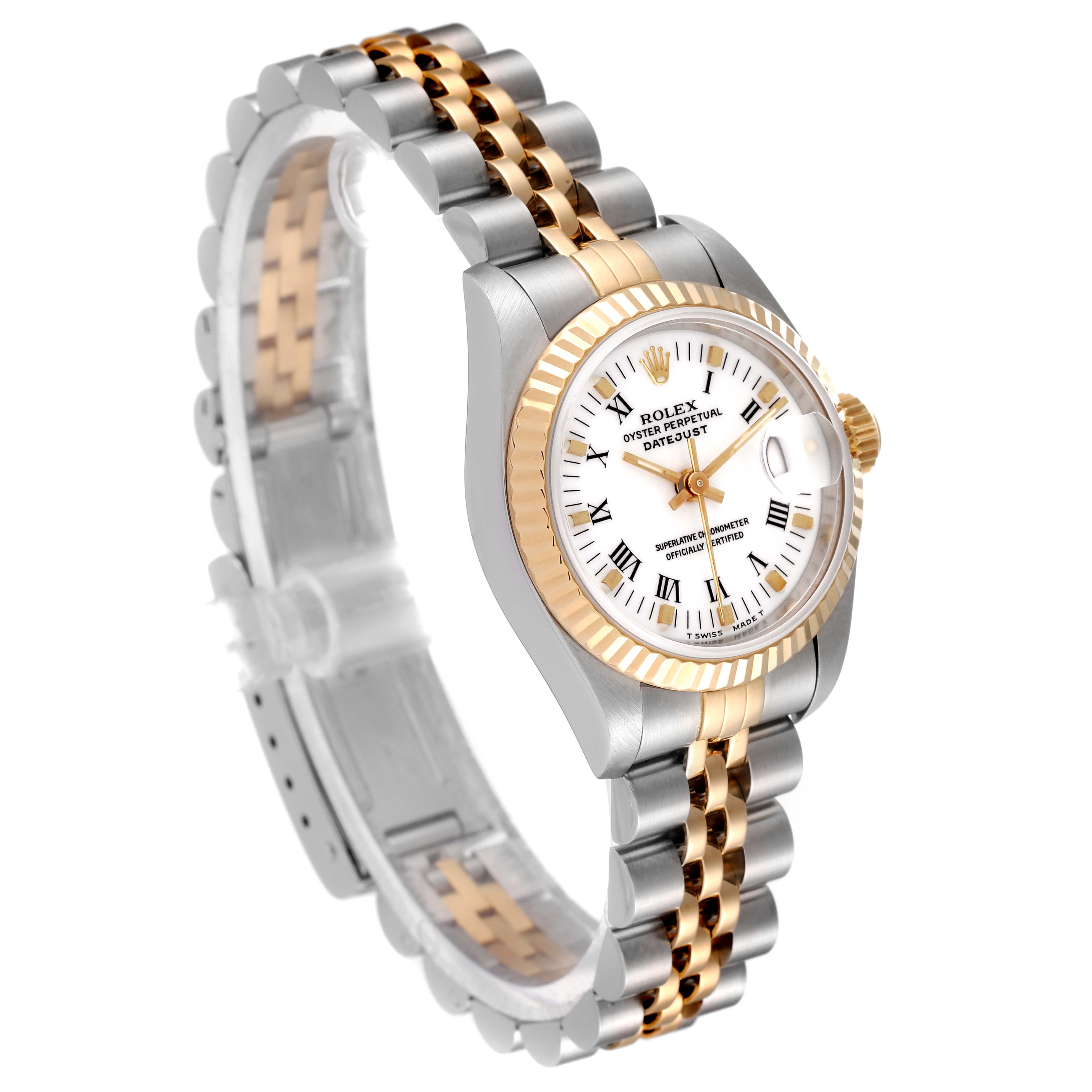 The Rolex Datejust 69173 Women's Steel and Gold (two tone) White Dial 69173 Women's Steel and Gold (two tone) White Dial watch is shown in a 3/4 view, highlighting its two-tone bracelet, fluted bezel, and white dial with Roman numerals.