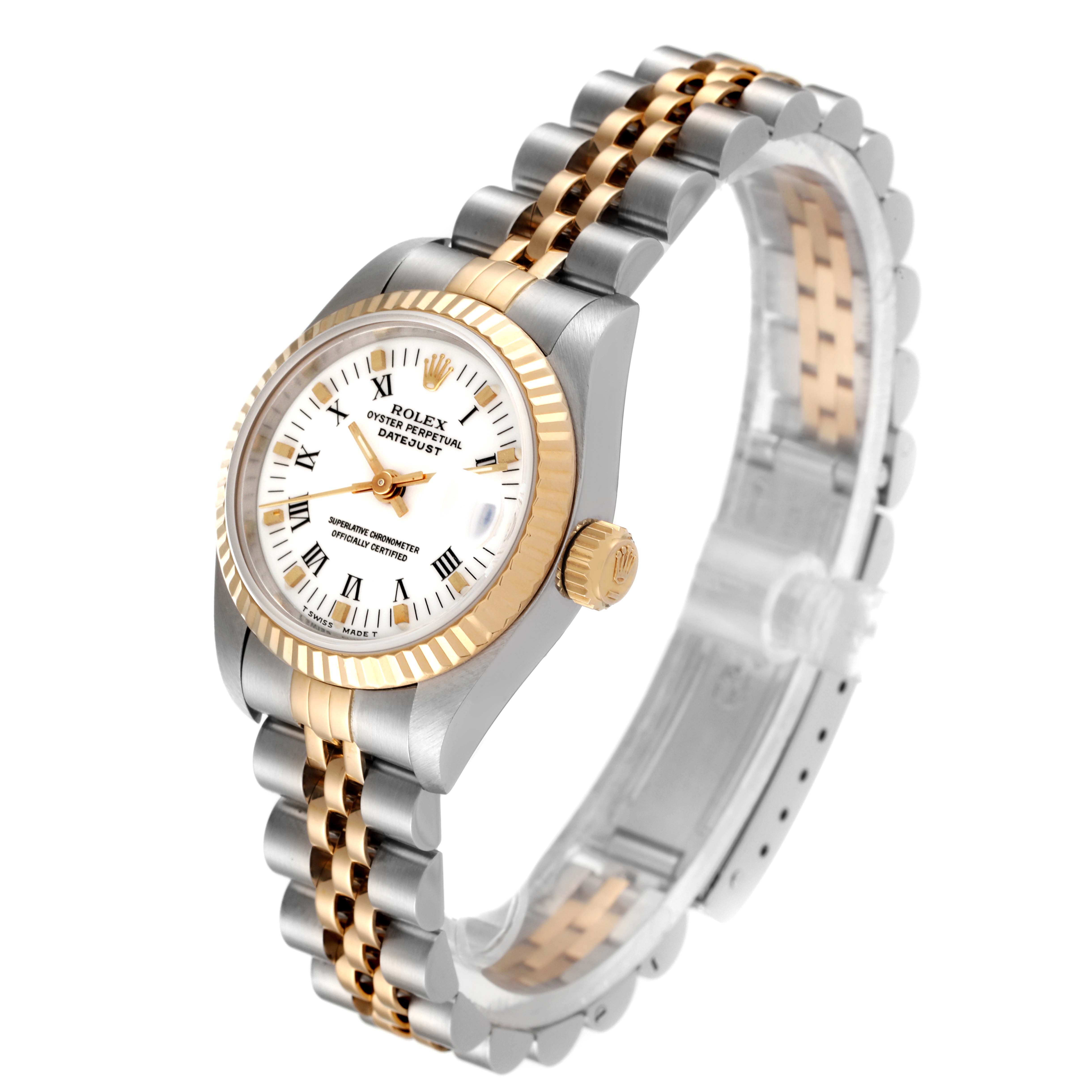 This image shows a Rolex Datejust 69173 Women's Steel and Gold (two tone) White Dial 69173 Women's Steel and Gold (two tone) White Dial watch at an angled top view, featuring its dial, bezel, and bracelet.