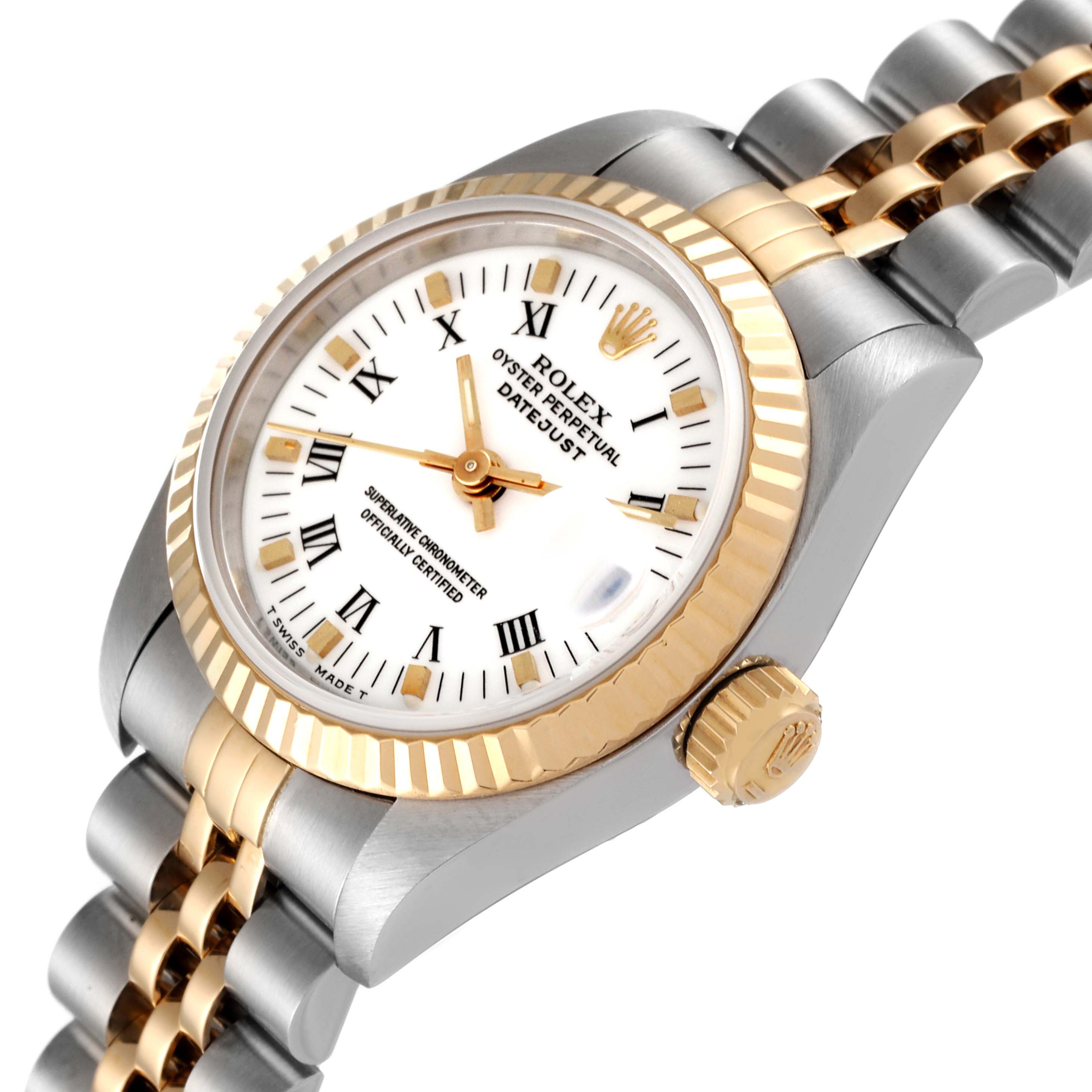 The image shows a close-up angled view of the Rolex Datejust 69173 Women's Steel and Gold (two tone) White Dial 69173 Women's Steel and Gold (two tone) White Dial watch, highlighting its dial, fluted bezel, crown, and two-tone bracelet.