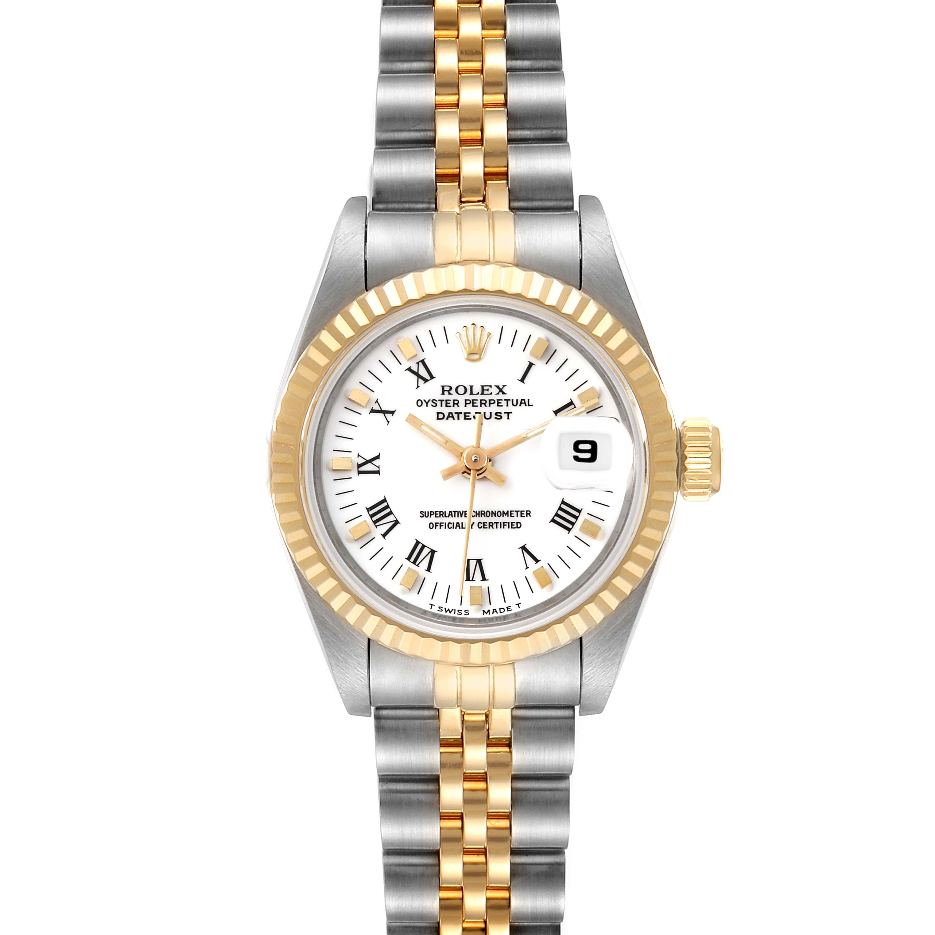 This image shows the front view of the Rolex Datejust 69173 Women's Steel and Gold (two tone) White Dial 69173 Women's Steel and Gold (two tone) White Dial watch featuring the dial, bezel, and part of the bracelet.