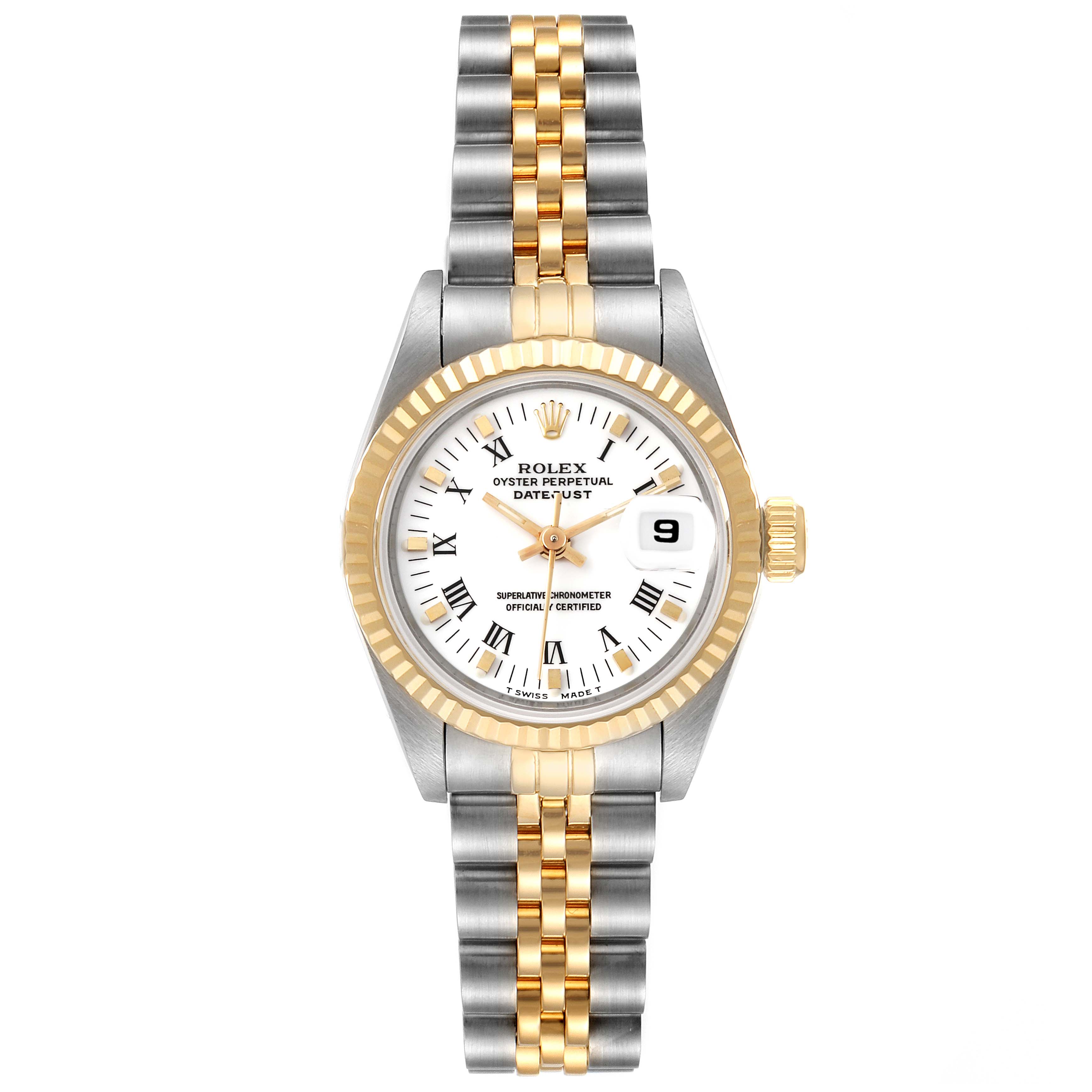 This image shows a Rolex Datejust 69173 Women's Steel and Gold (two tone) White Dial 69173 Women's Steel and Gold (two tone) White Dial watch from a top-down view, featuring the bezel, dial, hands, crown, and two-tone bracelet.