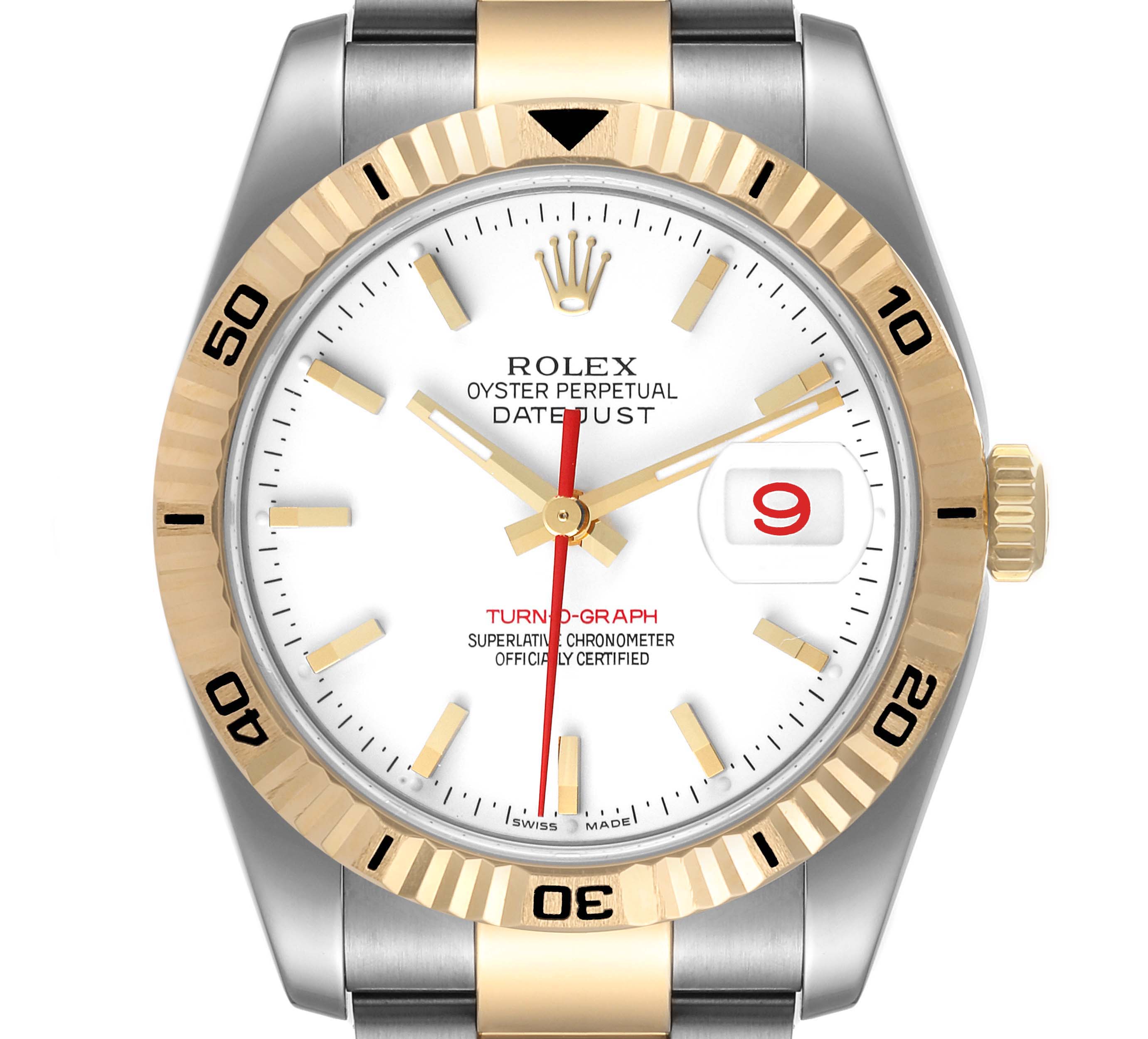 The image shows a front view of the Rolex Turn-o-Graph 43821 Men's Steel and Gold (two tone) White Dial 43821 Men's Steel and Gold (two tone) White Dial model, highlighting the dial, bezel, hands, and part of the bracelet.
