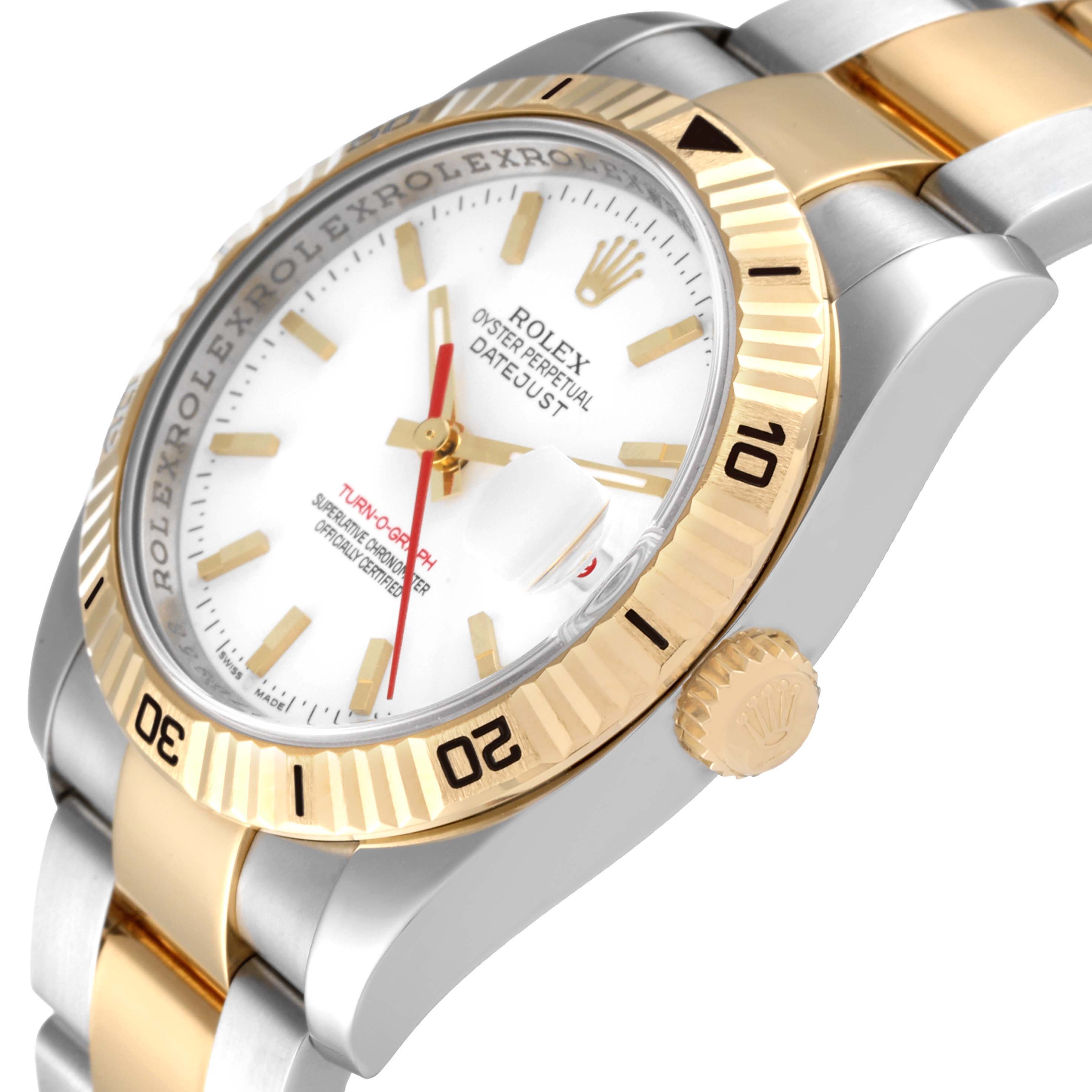 This image shows a side-angle view of a Rolex Turn-o-Graph 43821 Men's Steel and Gold (two tone) White Dial 43821 Men's Steel and Gold (two tone) White Dial watch, highlighting its bezel, dial, and bracelet.