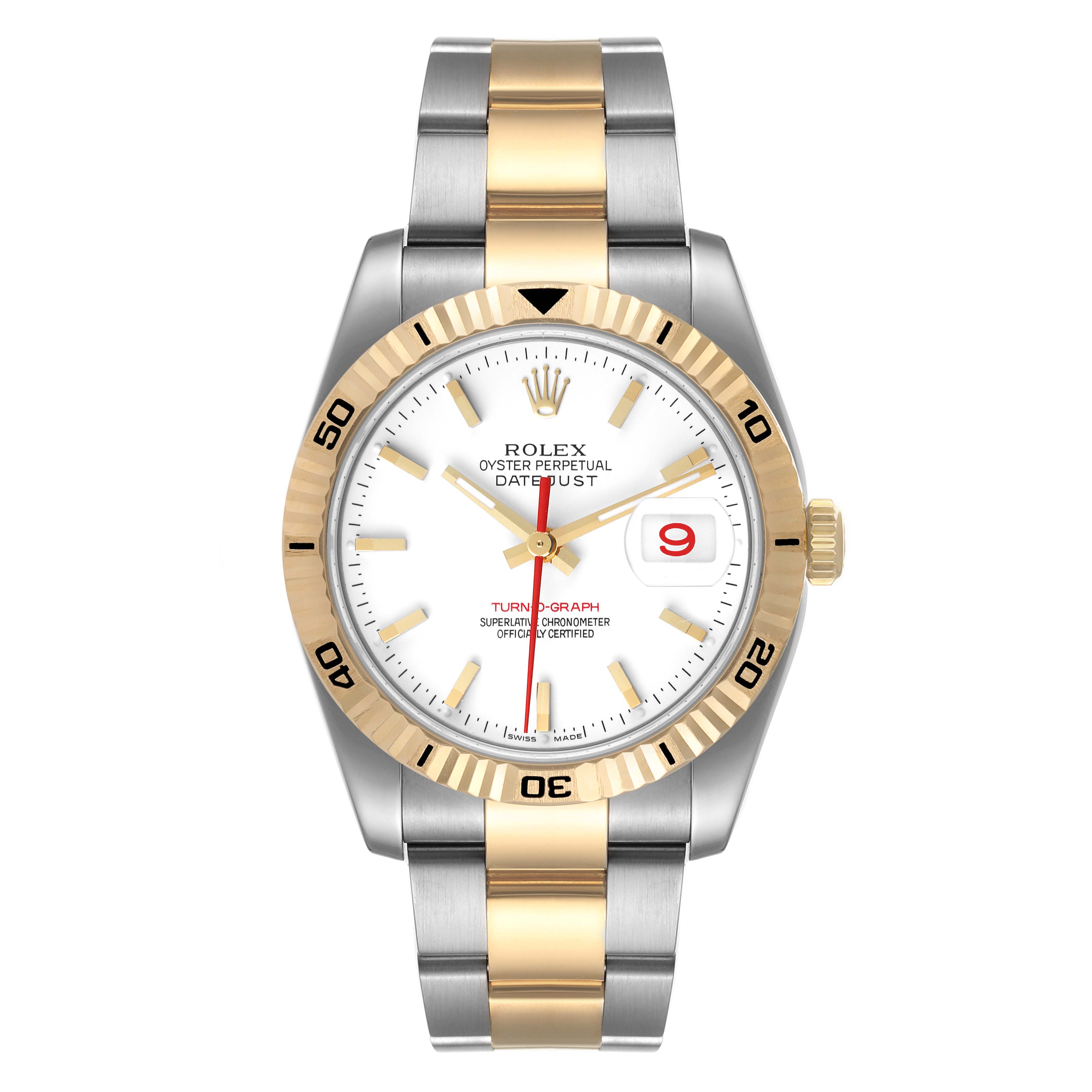 This image shows a front view of the Rolex Turn-o-Graph 43821 Men's Steel and Gold (two tone) White Dial 43821 Men's Steel and Gold (two tone) White Dial watch, highlighting the dial, bezel, and two-tone bracelet.