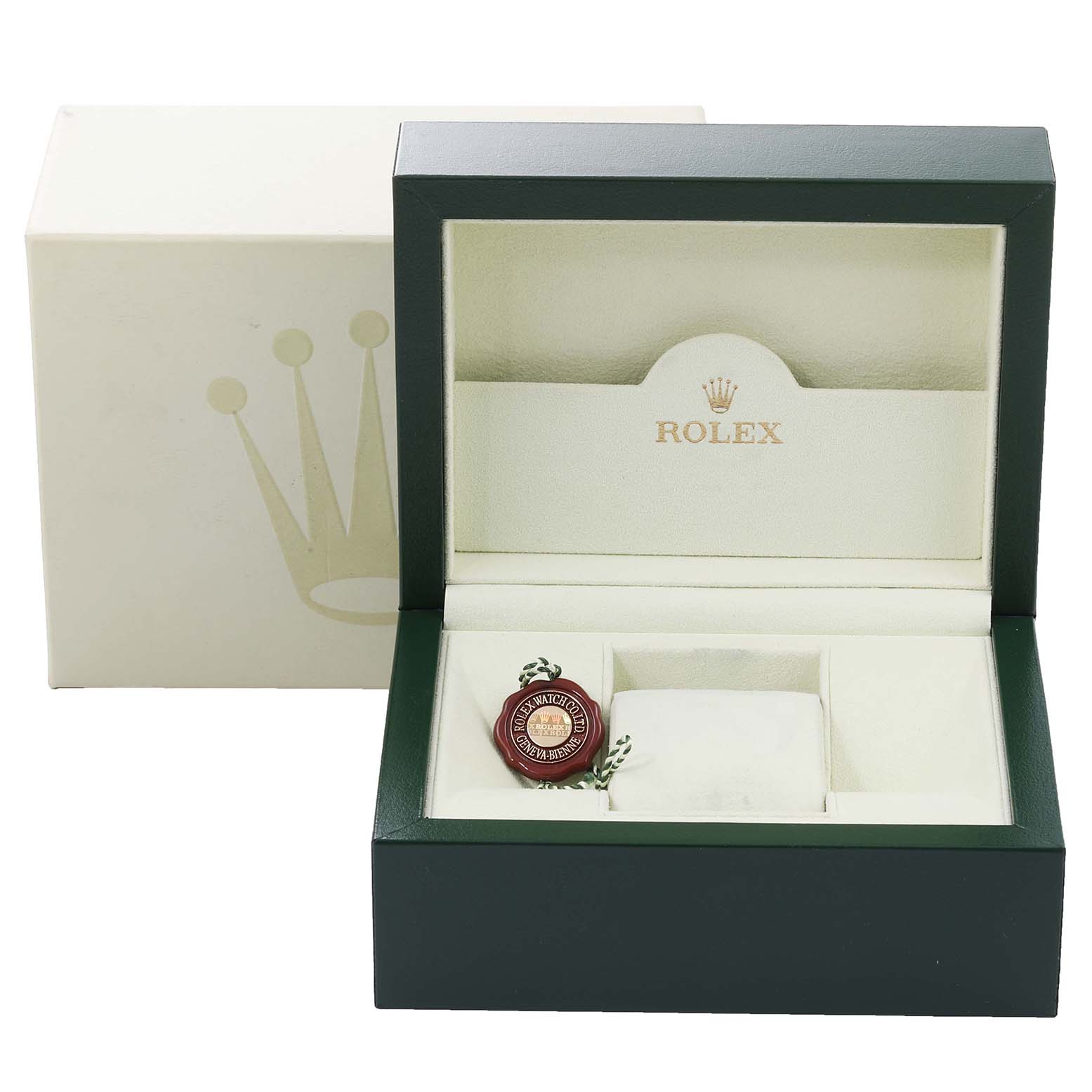 The image shows an open Rolex Turn-o-Graph 43821 Men's Steel and Gold (two tone) White Dial 43821 Men's Steel and Gold (two tone) White Dial watch box with a seal tag, and an outer box behind it.