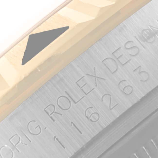This image shows the engraved bezel and model number of a Rolex Turn-o-Graph 43821 Men's Steel and Gold (two tone) White Dial 43821 Men's Steel and Gold (two tone) White Dial watch at a close-up angle.