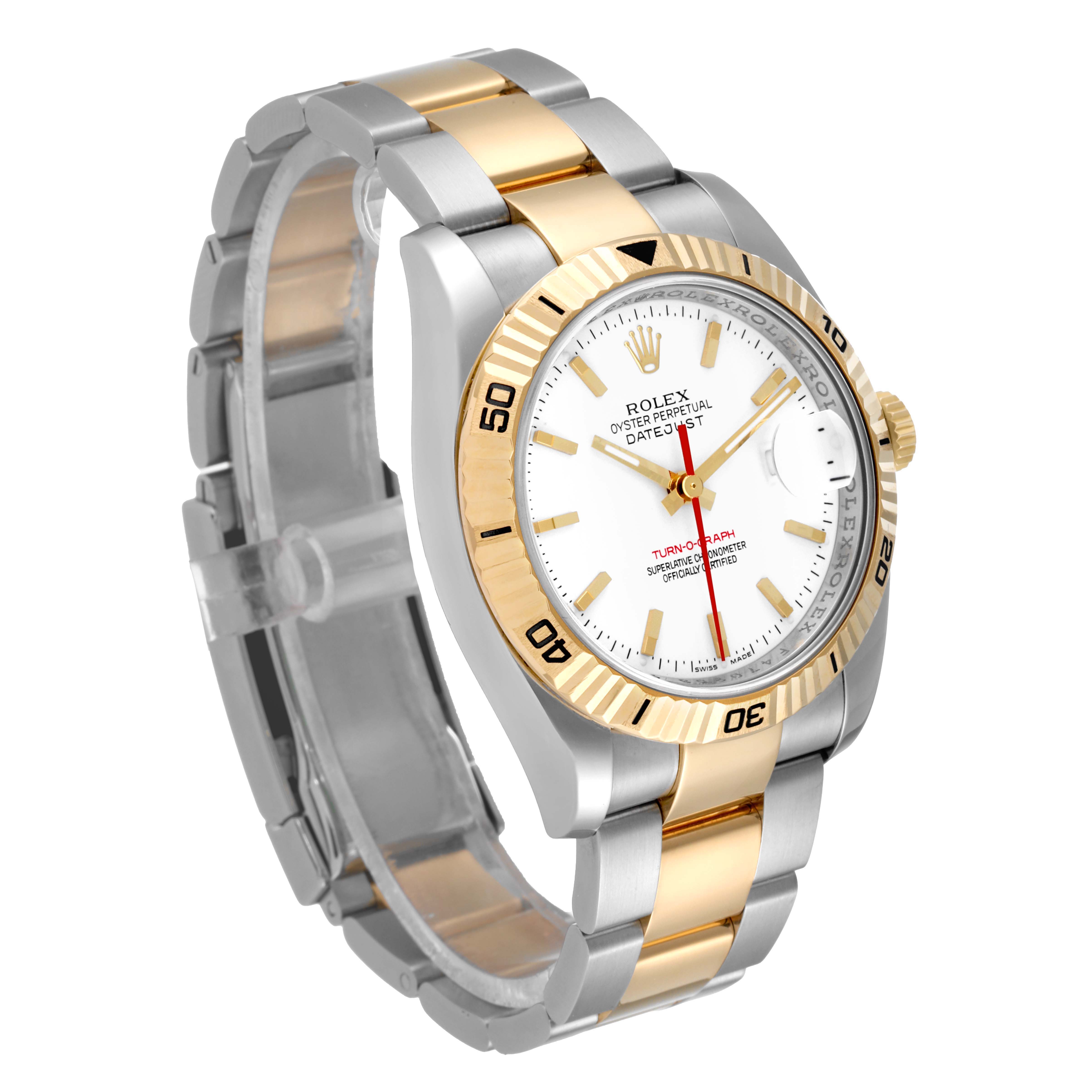 The image shows a side-angle view of the Rolex Turn-o-Graph 43821 Men's Steel and Gold (two tone) White Dial 43821 Men's Steel and Gold (two tone) White Dial watch, highlighting its two-tone bracelet and fluted bezel.