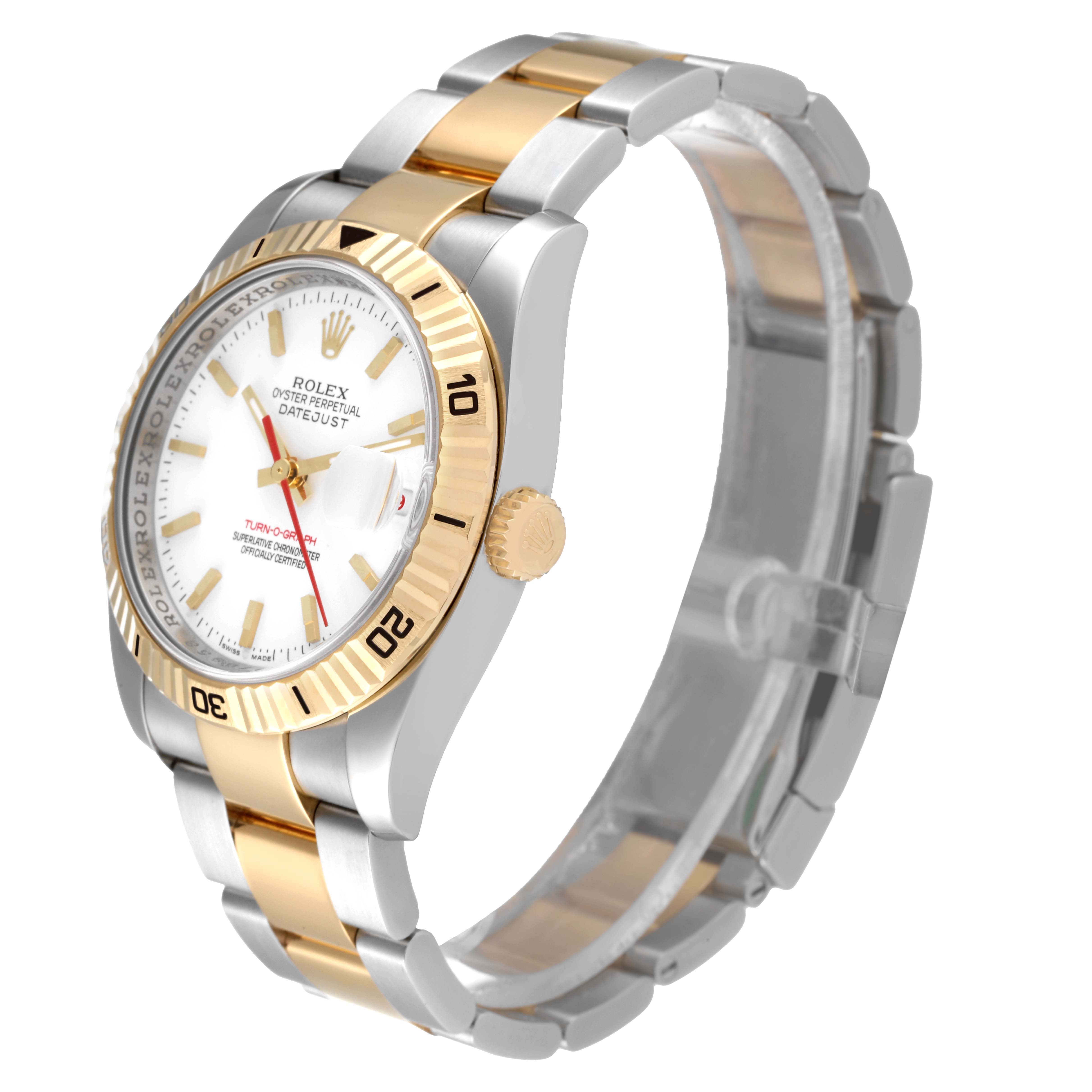 The image shows a side view of the Rolex Turn-o-Graph 43821 Men's Steel and Gold (two tone) White Dial 43821 Men's Steel and Gold (two tone) White Dial watch, emphasizing its two-tone band, bezel, crown, and face.
