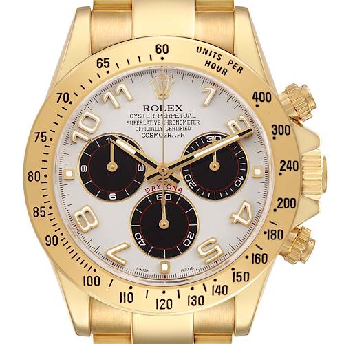 The image shows a front view of a Rolex Daytona 116528H Men's Yellow Gold Beige Dial watch, highlighting the dial, sub-dials, bezel, and gold bracelet.