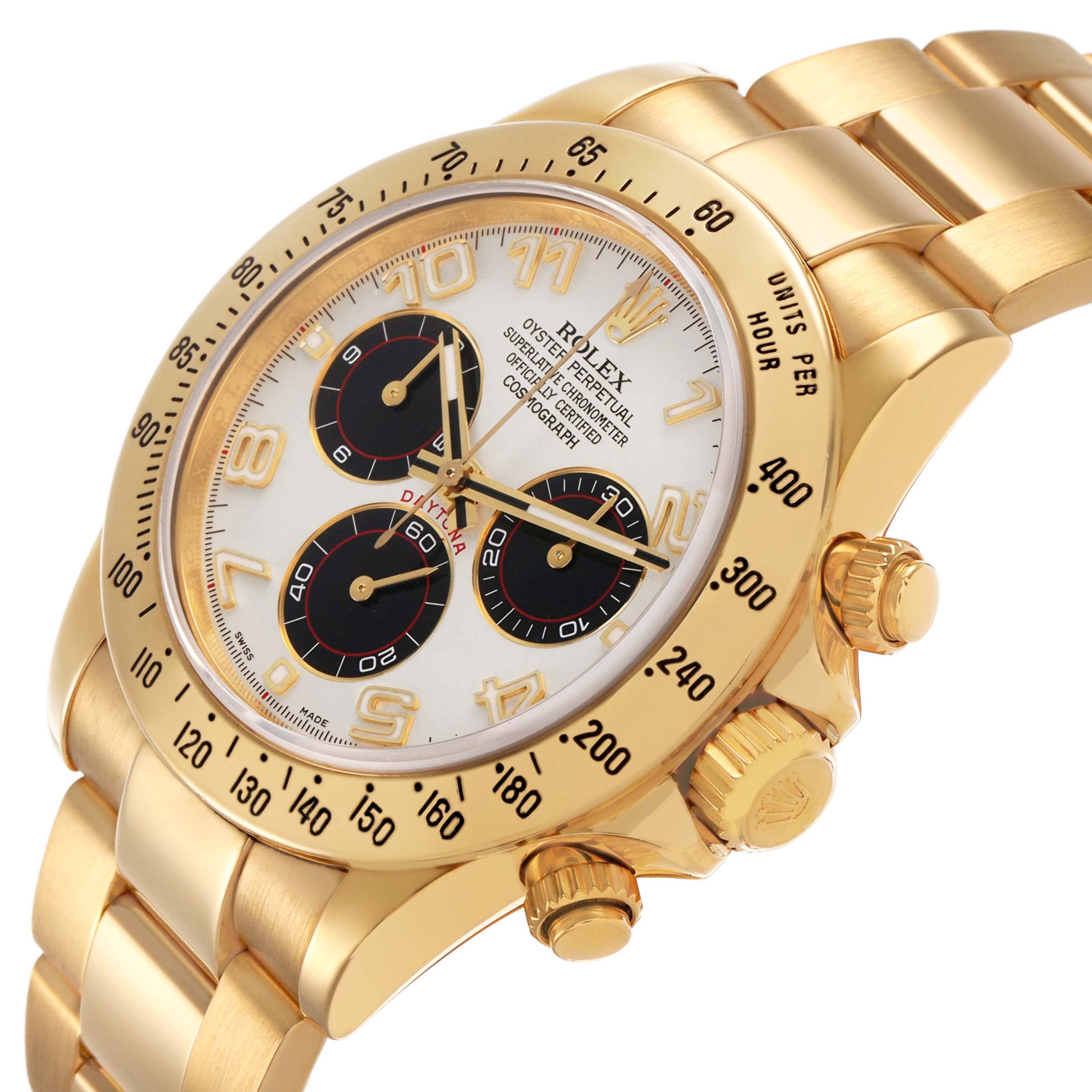 The Rolex Daytona 116528H Men's Yellow Gold Beige Dial watch is shown at an angled side view, highlighting the dial, bezel, and gold bracelet.