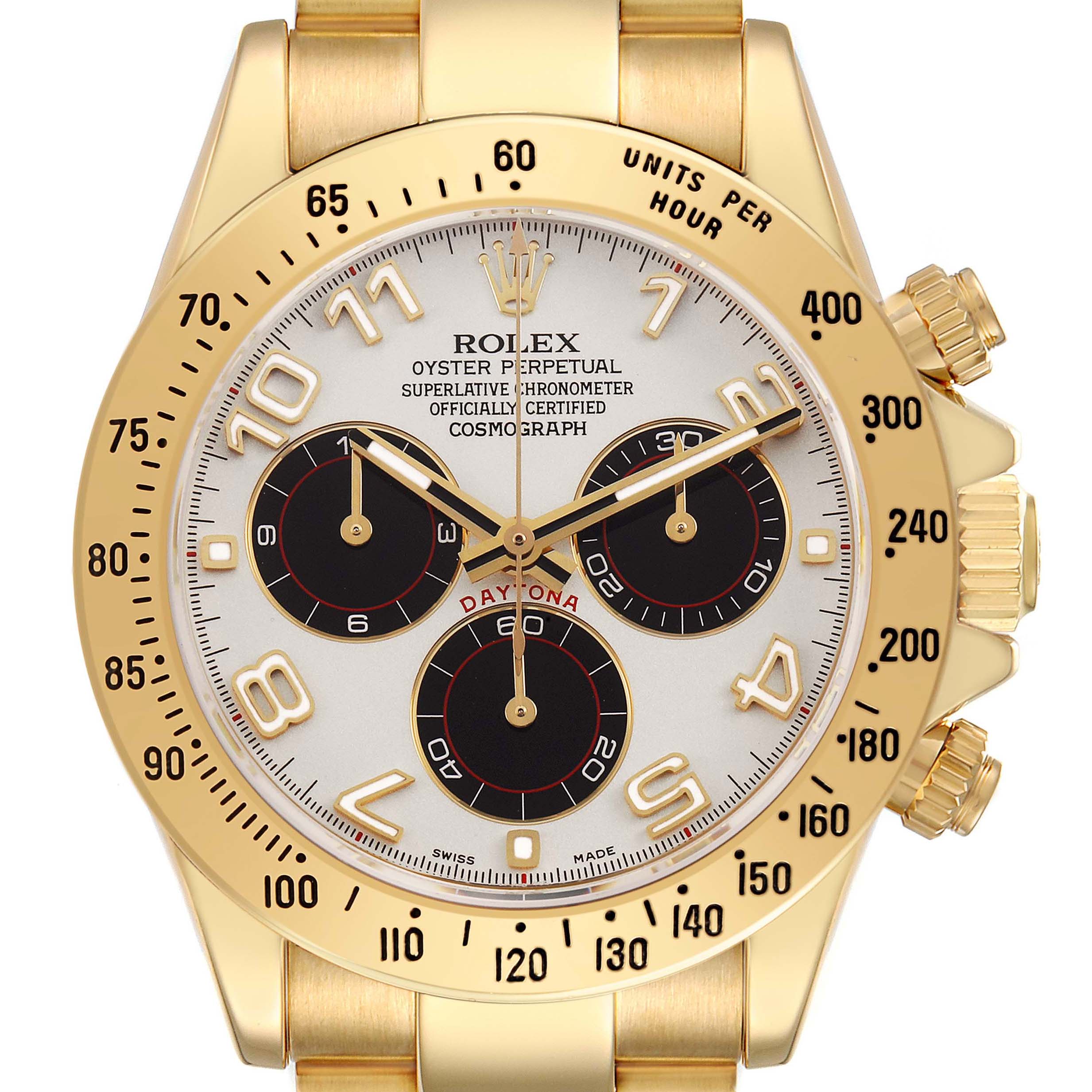 The image shows a frontal view of a Rolex Daytona 116528H Men's Yellow Gold Beige Dial watch, highlighting its dial, subdials, and bezel details.