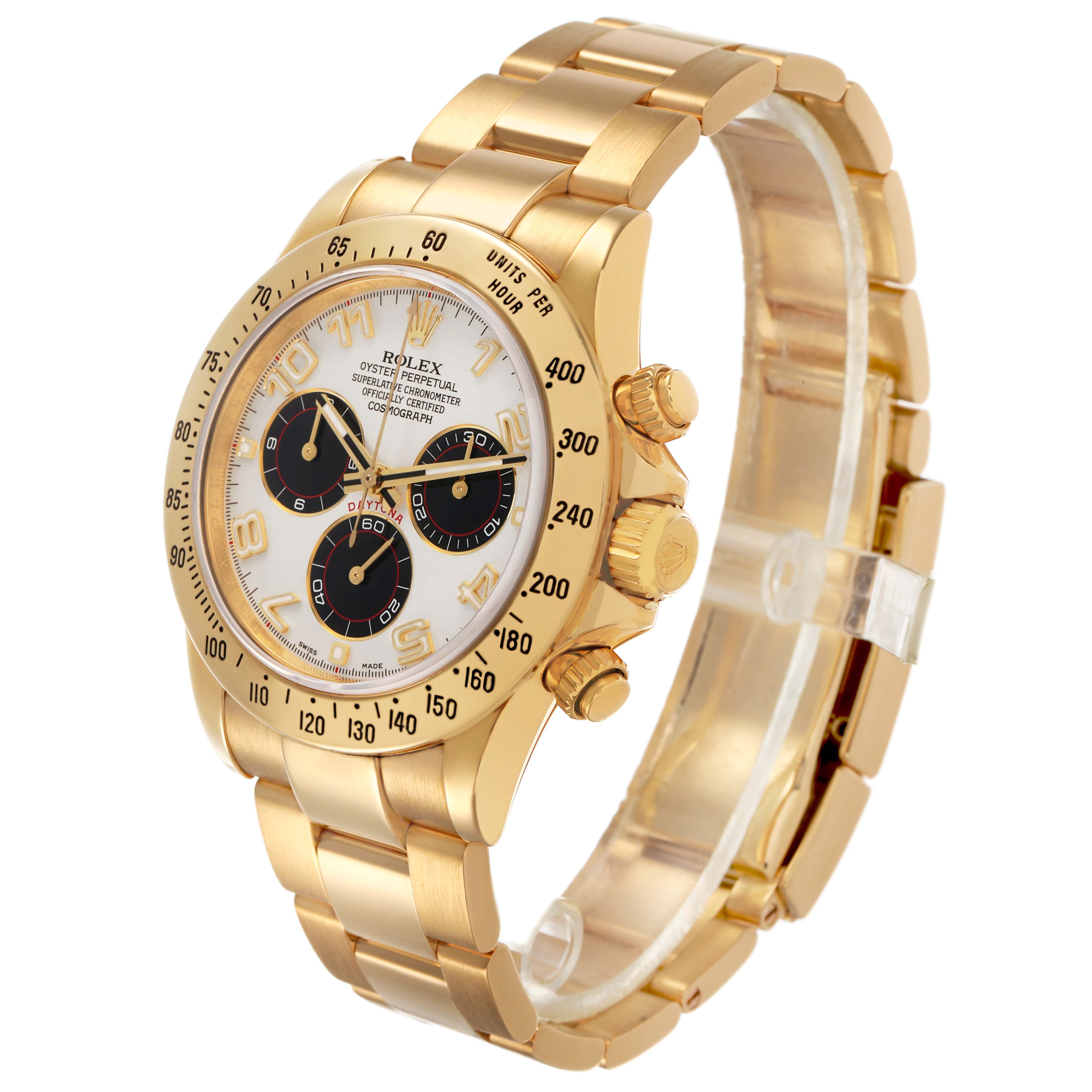 The Rolex Daytona 116528H Men's Yellow Gold Beige Dial is shown at a three-quarter angle, displaying its gold bracelet, bezel, dial, and chronograph pushers.