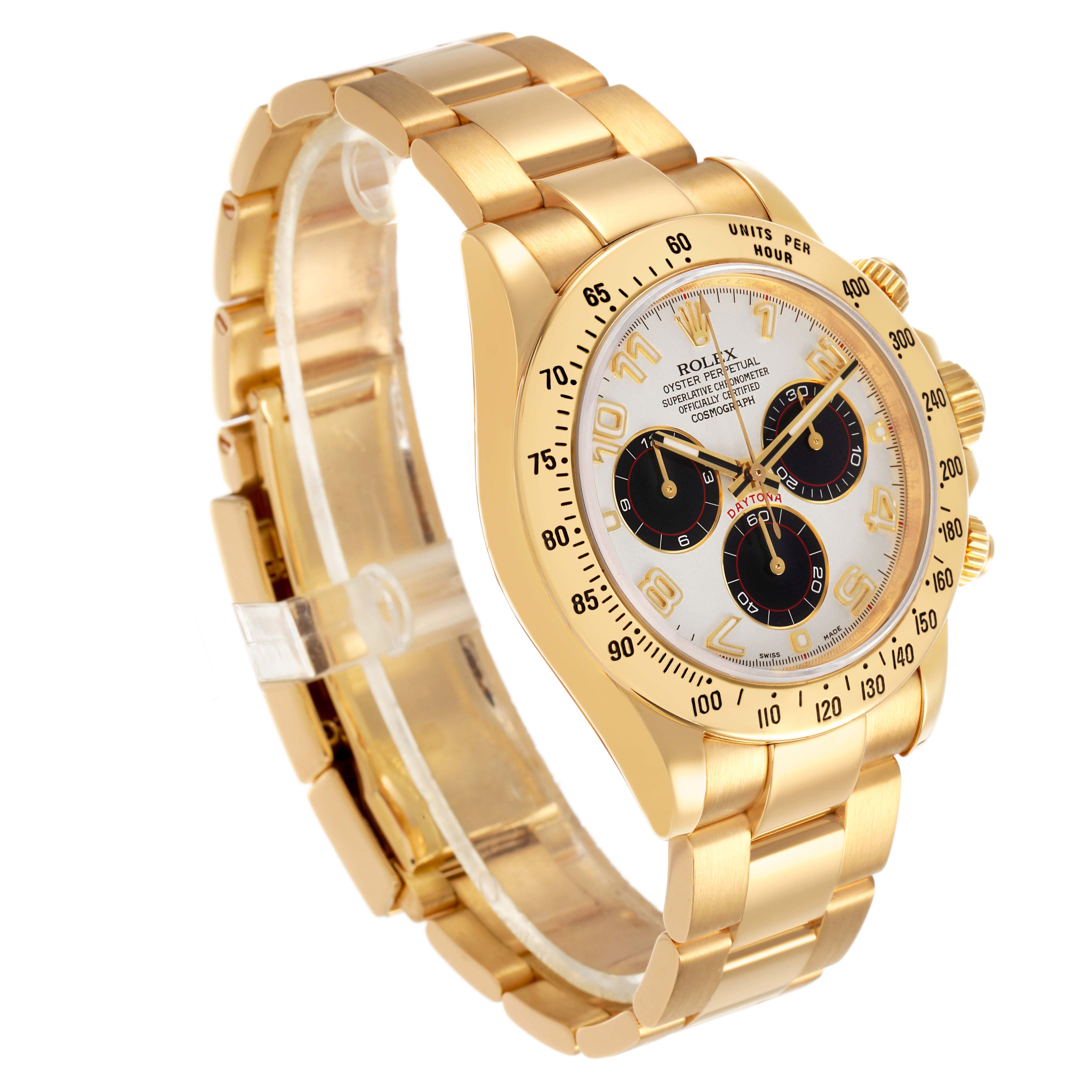 The image shows a Rolex Daytona 116528H Men's Yellow Gold Beige Dial watch at a three-quarter angle, highlighting the gold bracelet, bezel, and dial details.