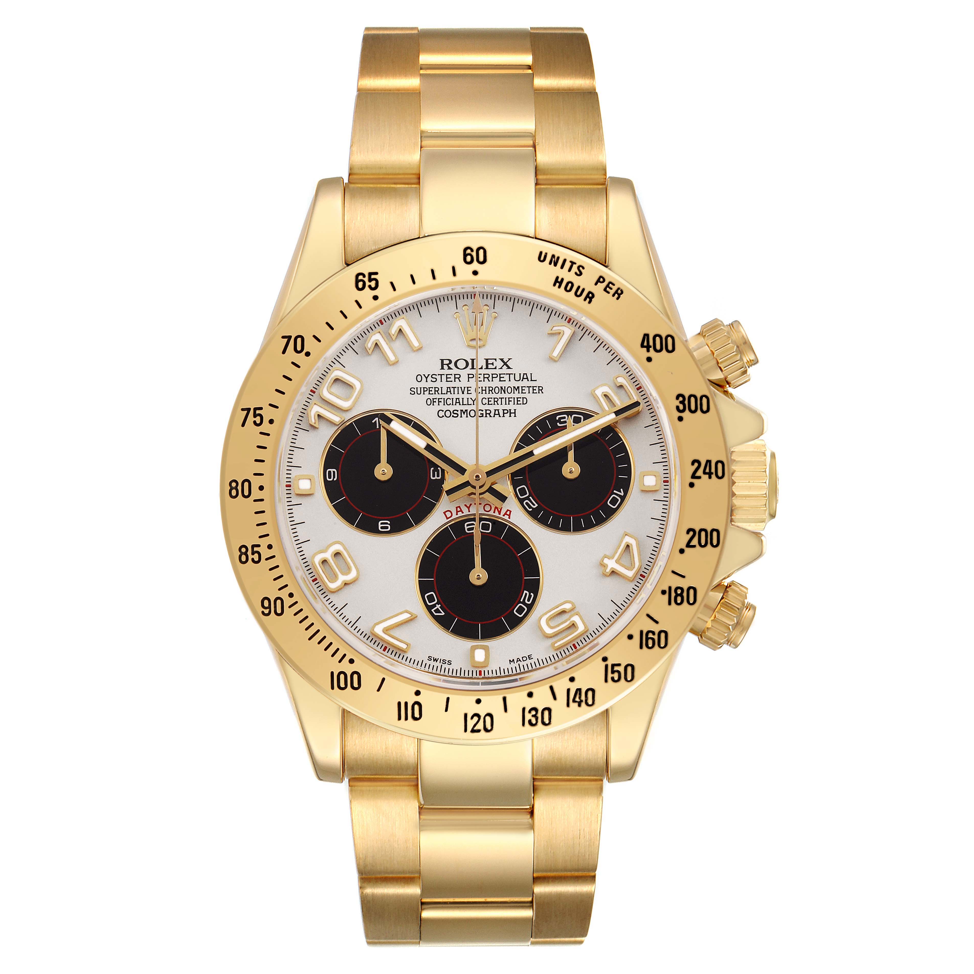 The Rolex Daytona 116528H Men's Yellow Gold Beige Dial watch is shown from a frontal angle, highlighting the bezel, dial, and bracelet.