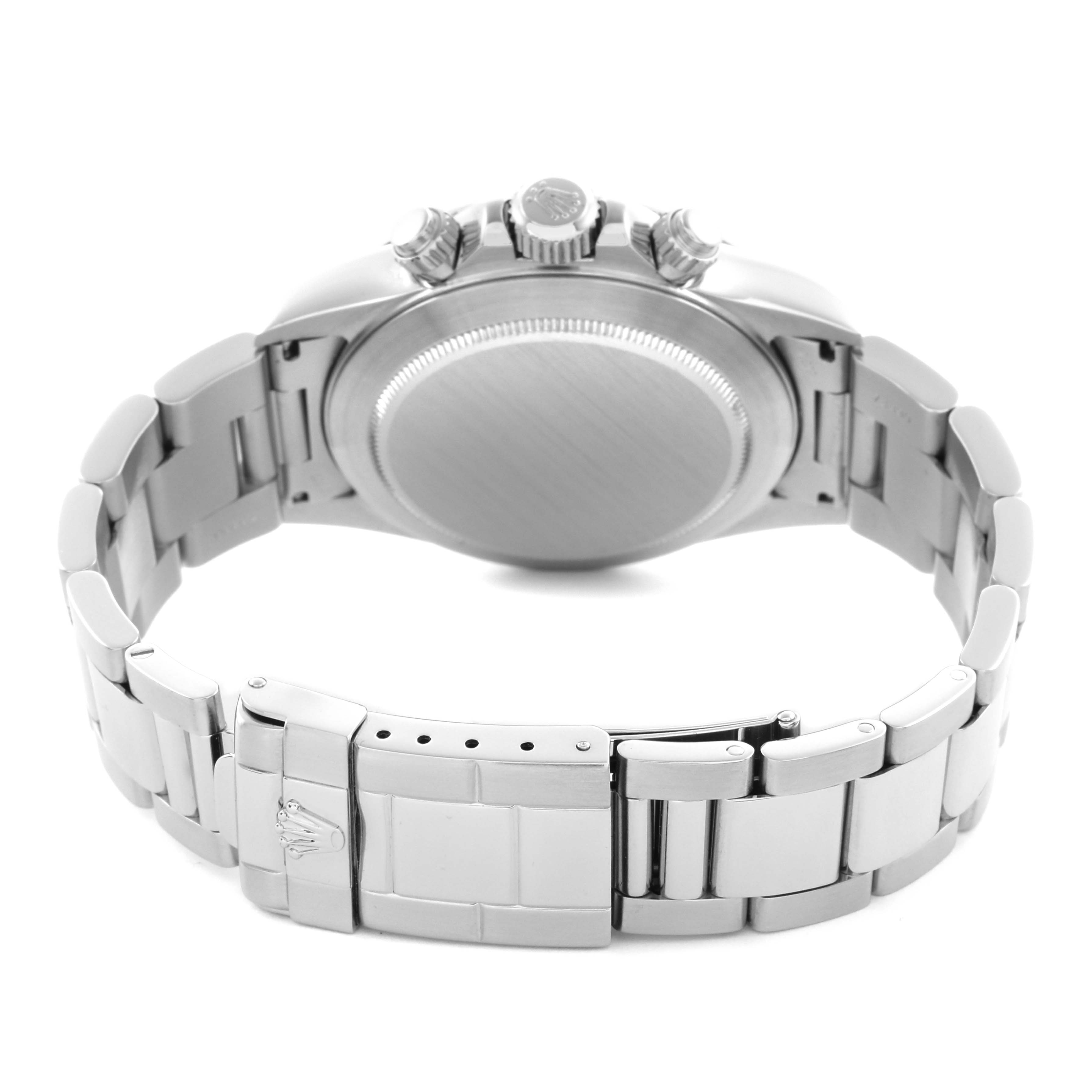 The image shows the back view of a Rolex Daytona 16520 Men
s Stainless Steel White Dial 16520 Men
s Stainless Steel White Dial, highlighting its bracelet, clasp, case back, and pushers.