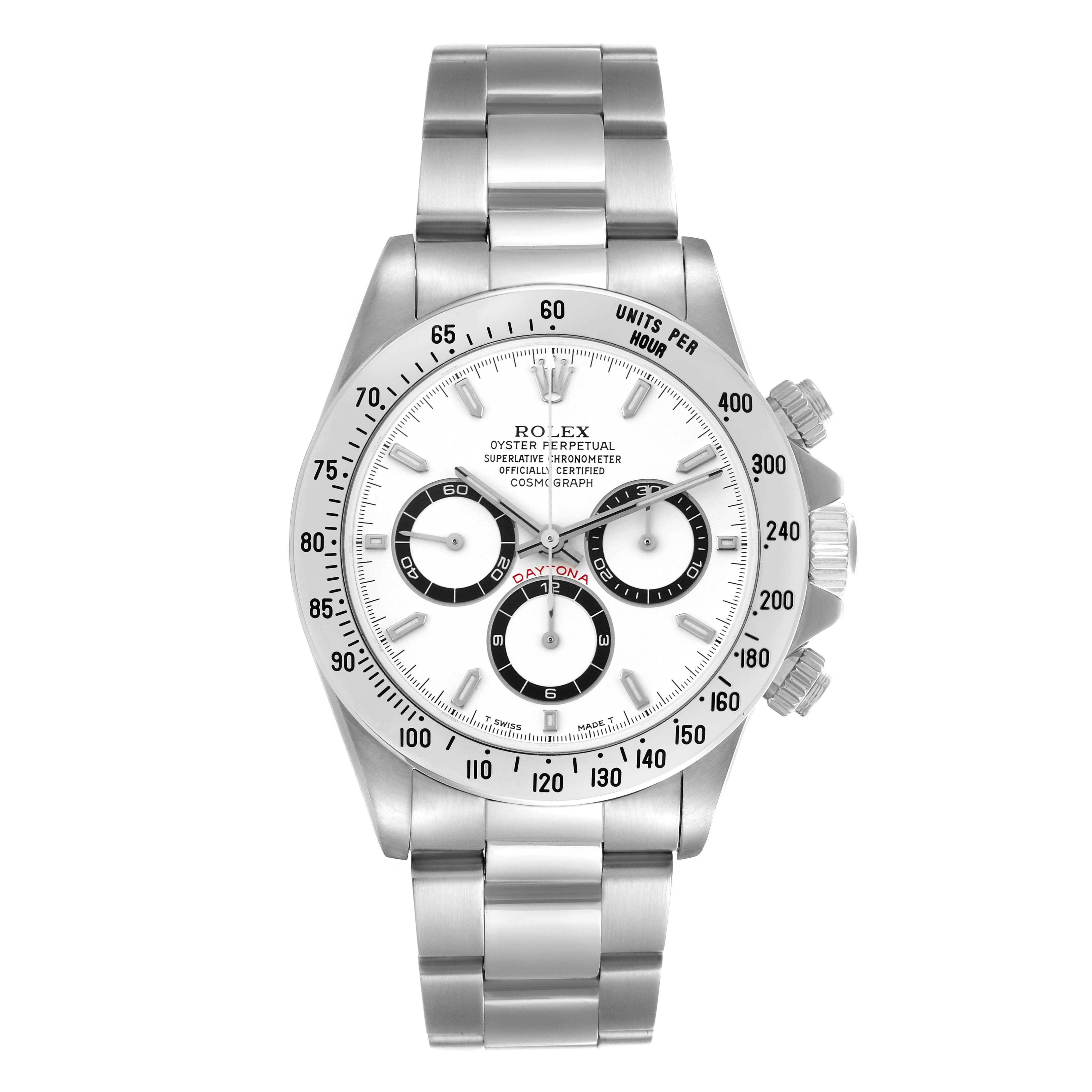 The Rolex Daytona 16520 Men
s Stainless Steel White Dial 16520 Men
s Stainless Steel White Dial watch is shown from a top-down angle, highlighting the dial, bezel, and bracelet.