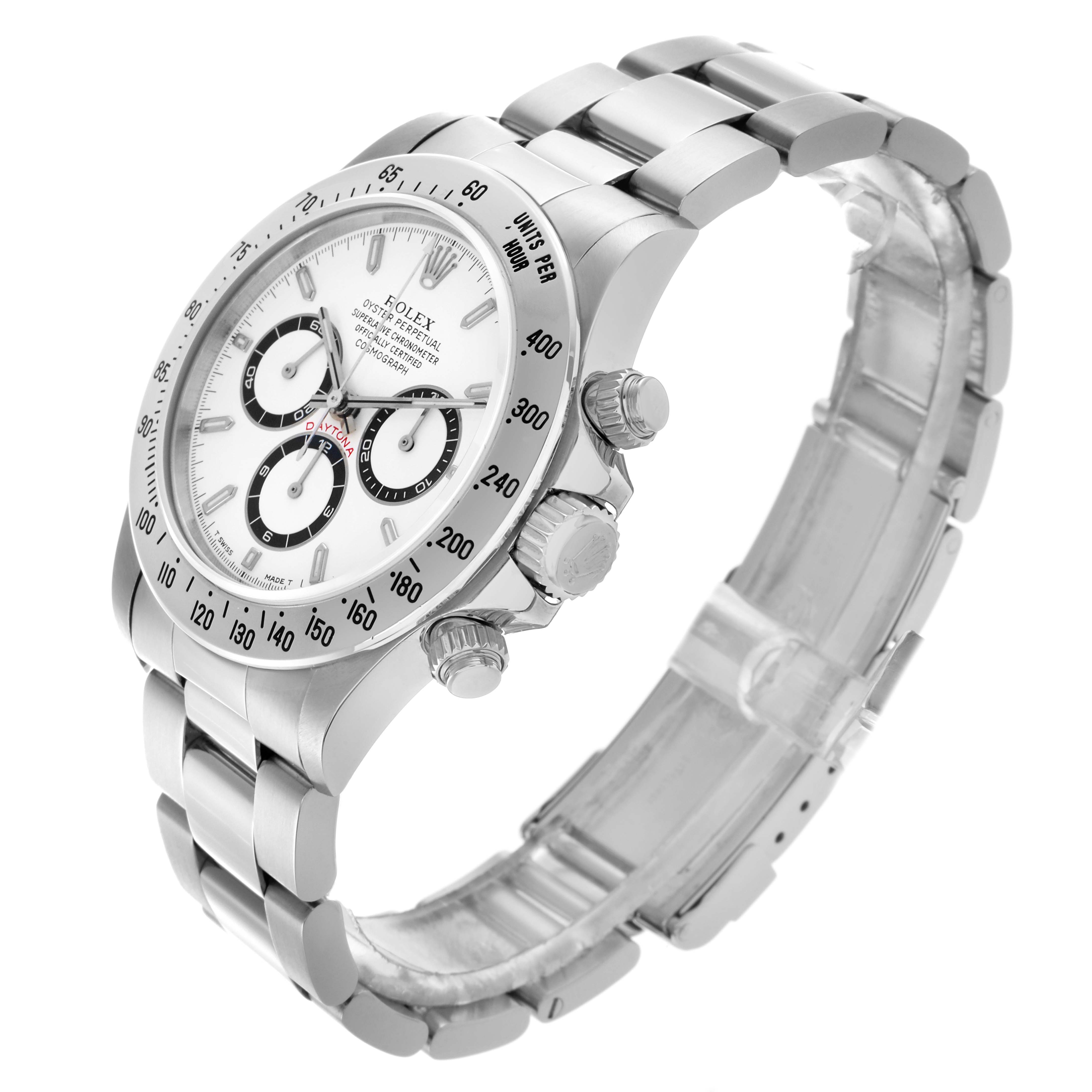 The Rolex Daytona 16520 Men
s Stainless Steel White Dial 16520 Men
s Stainless Steel White Dial watch is shown at a slight side angle, highlighting the face, bezel, crown, pushers, and bracelet.