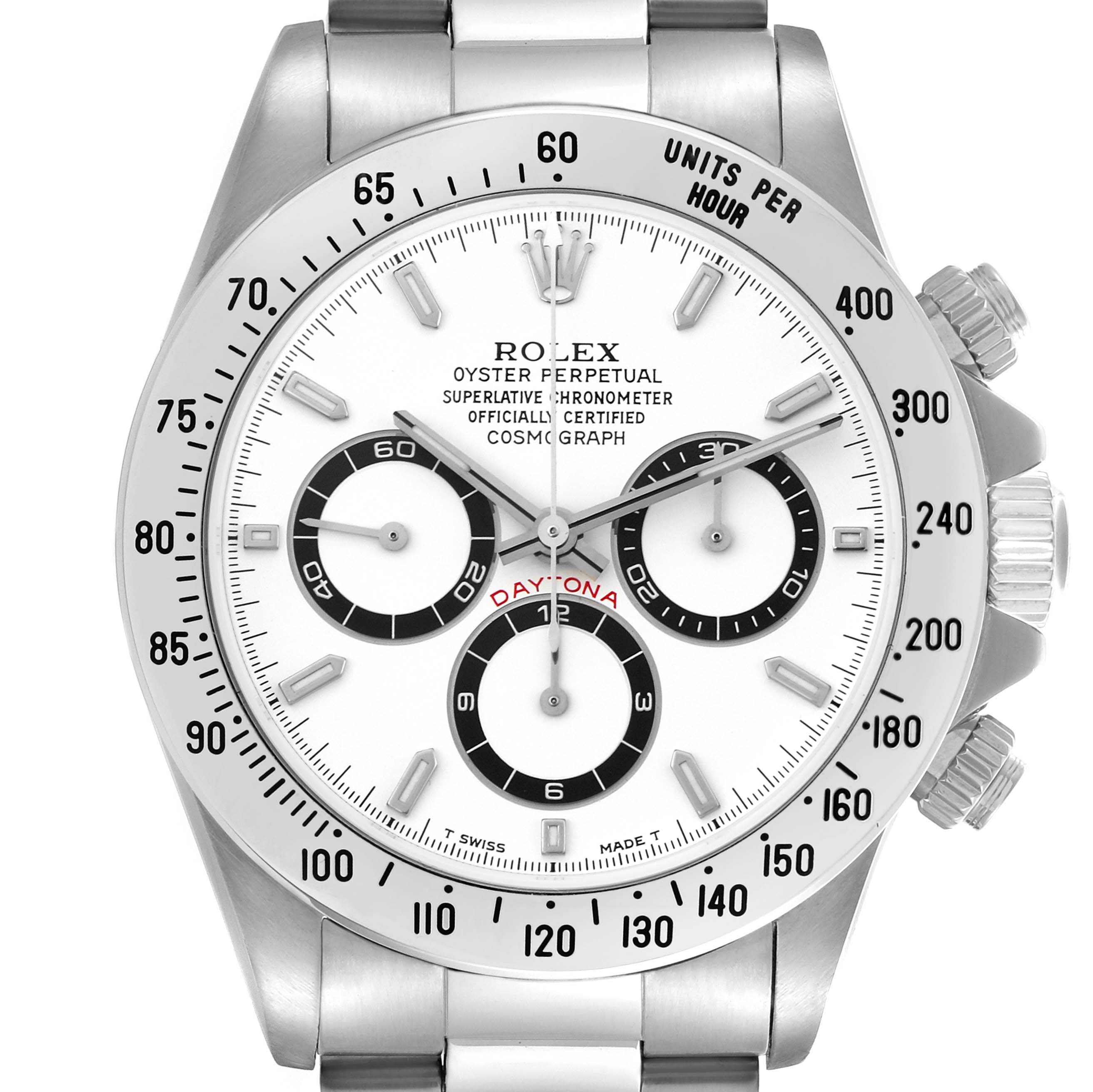 The Rolex Daytona 16520 Men
s Stainless Steel White Dial 16520 Men
s Stainless Steel White Dial watch is shown from a front angle, highlighting the dial, bezel, sub-dials, and side crown.