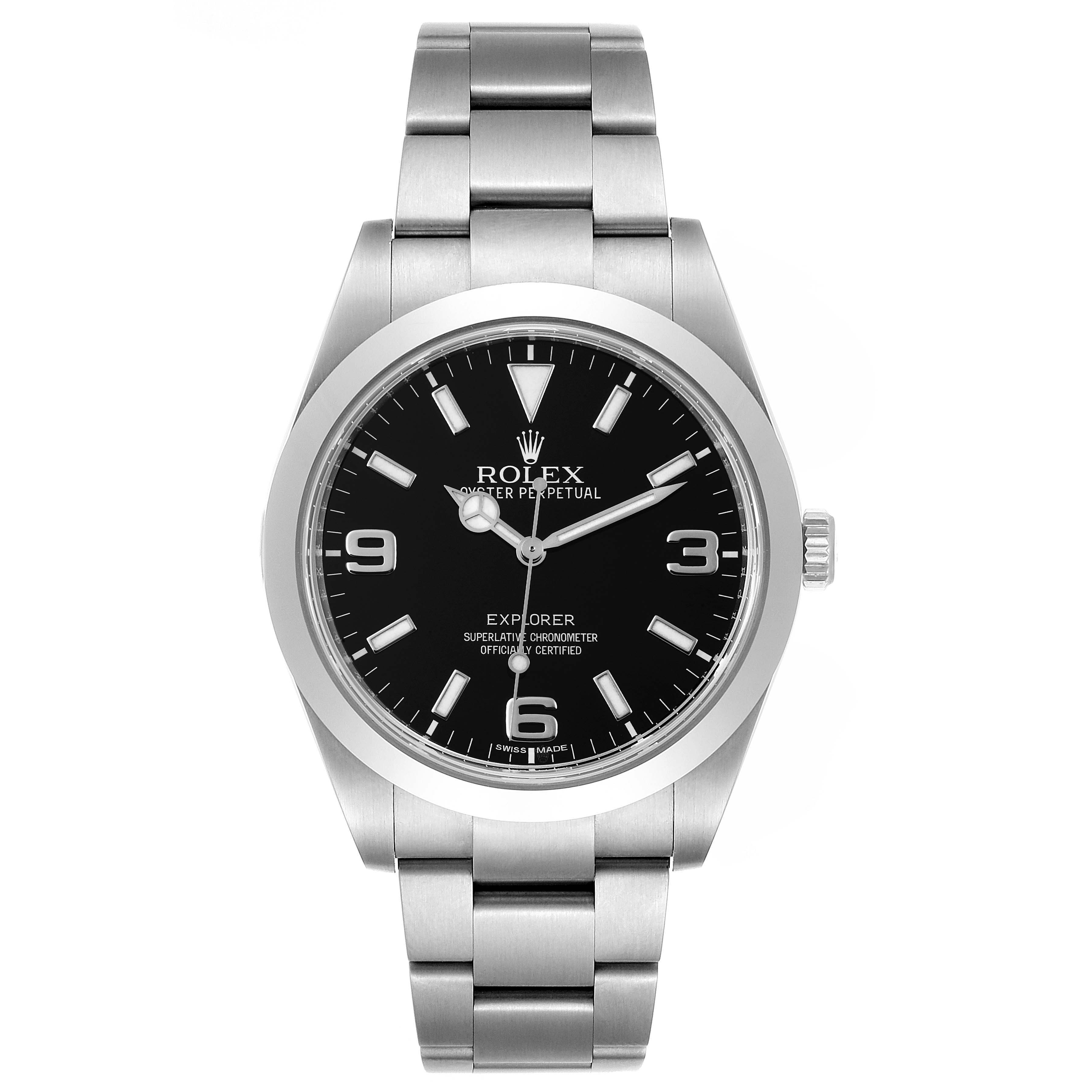 This Rolex Explorer 214270 Men's Stainless Steel Black Dial 214270 Men's Stainless Steel Black Dial watch is shown from a front angle, displaying the dial, hands, case, bezel, and bracelet.