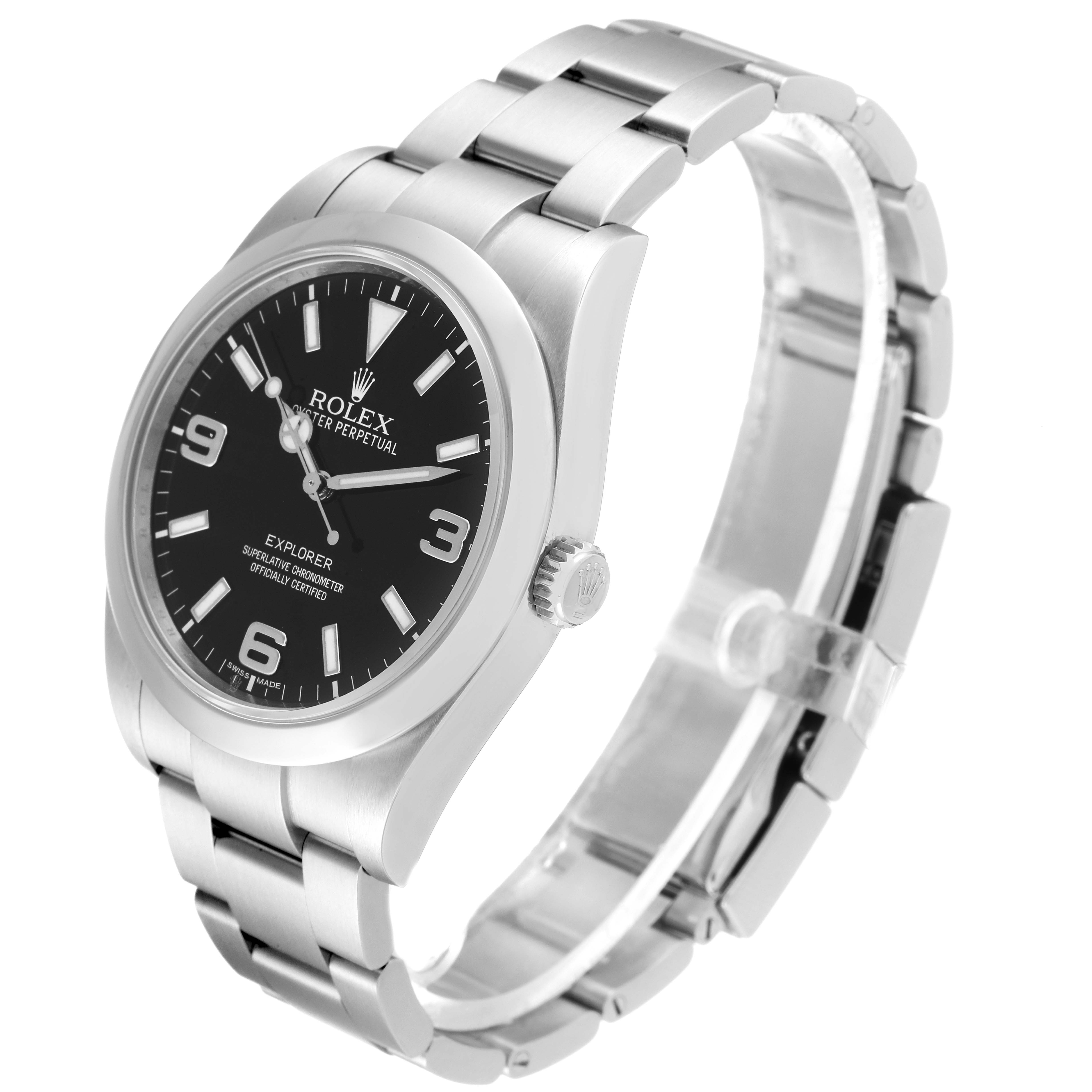 The Rolex Explorer 214270 Men's Stainless Steel Black Dial 214270 Men's Stainless Steel Black Dial watch is shown at a three-quarter angle, highlighting its dial, bezel, bracelet, and crown.