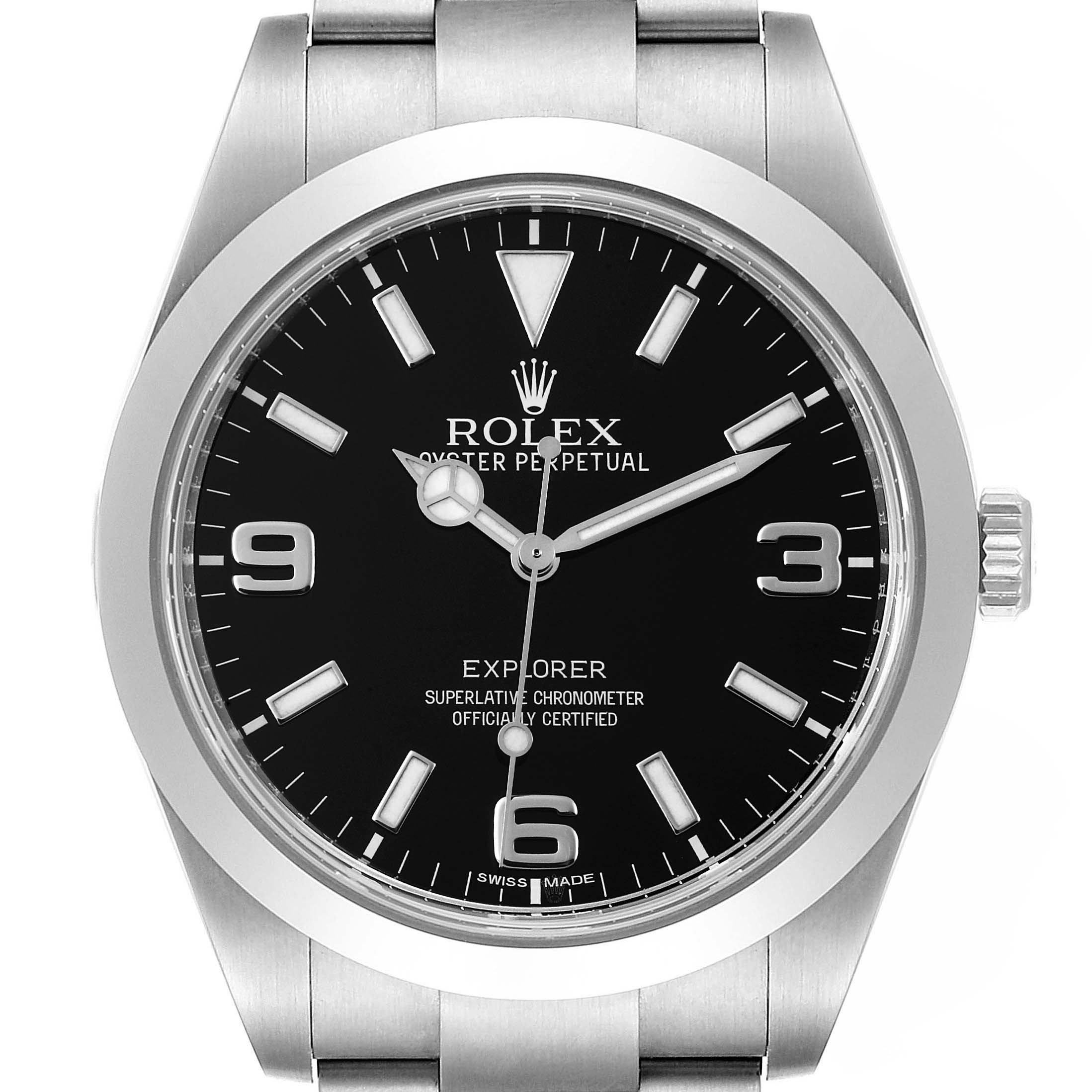 This image shows a Rolex Explorer 214270 Men's Stainless Steel Black Dial 214270 Men's Stainless Steel Black Dial watch taken from a frontal angle, displaying the dial, hands, and case.