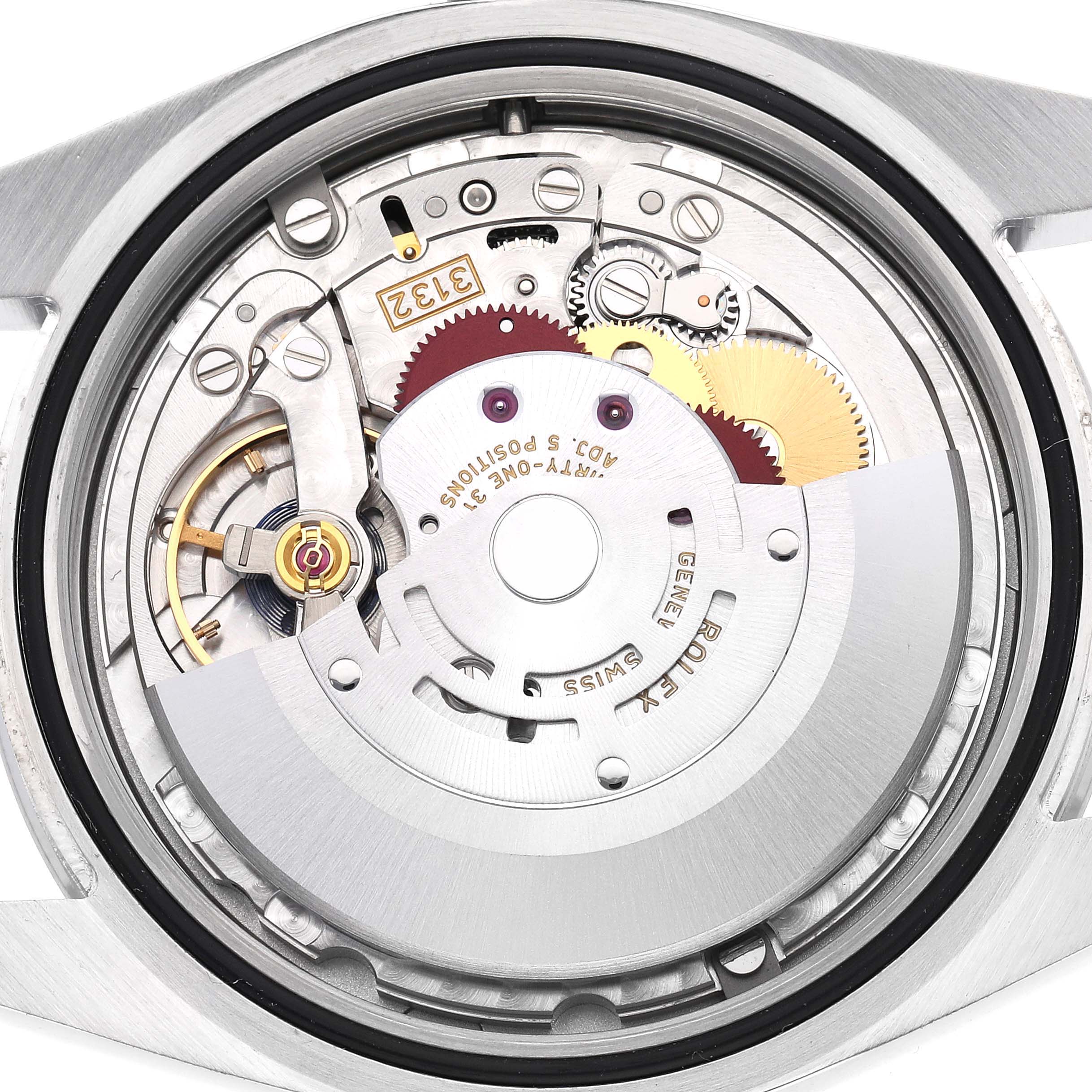 The image shows the internal movement mechanism of a Rolex Explorer 214270 Men's Stainless Steel Black Dial 214270 Men's Stainless Steel Black Dial watch, viewed from the back.