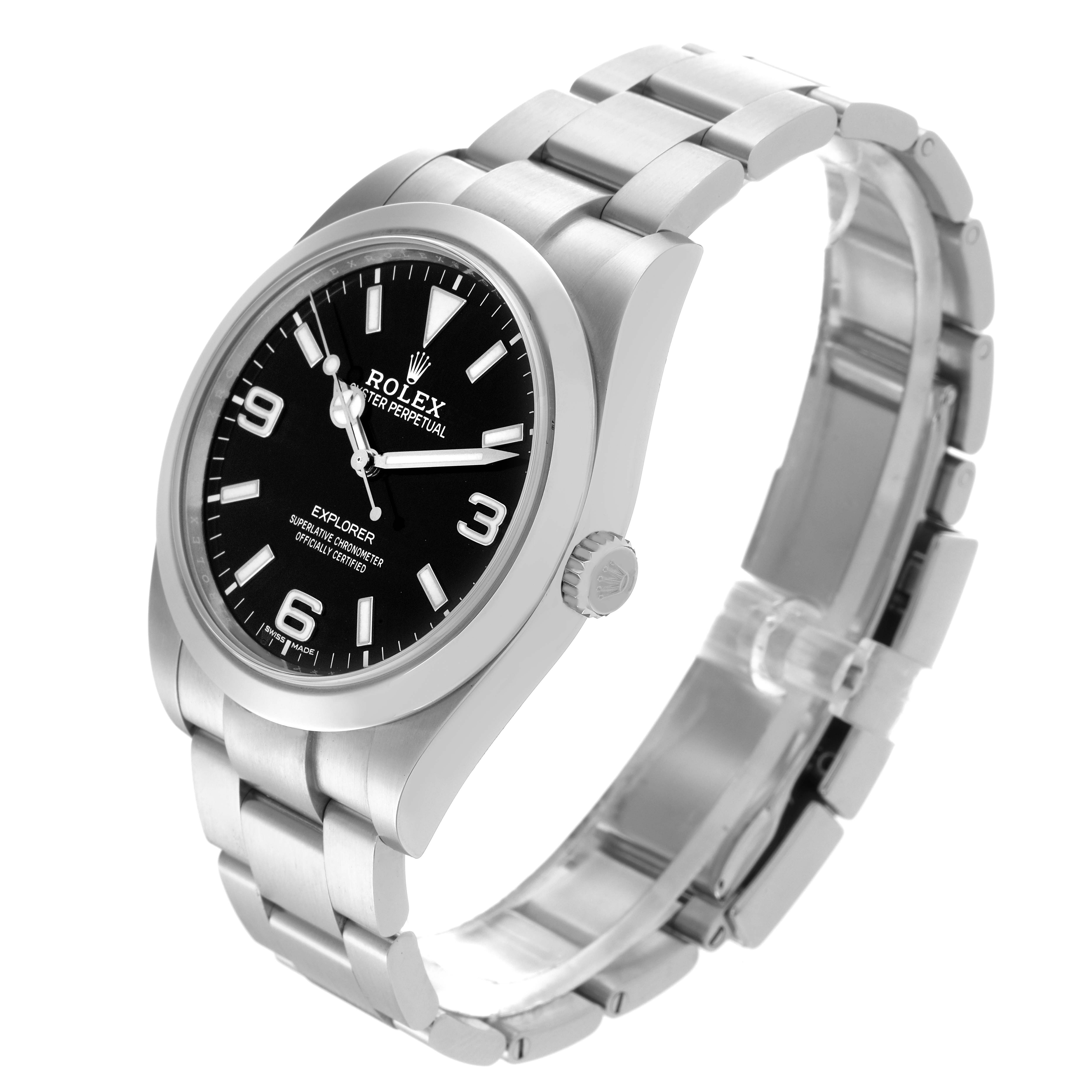 The Rolex Explorer 214270 Men's Stainless Steel Black Dial 214270 Men's Stainless Steel Black Dial watch is shown at an angled view, highlighting the bezel, dial, crown, and bracelet.