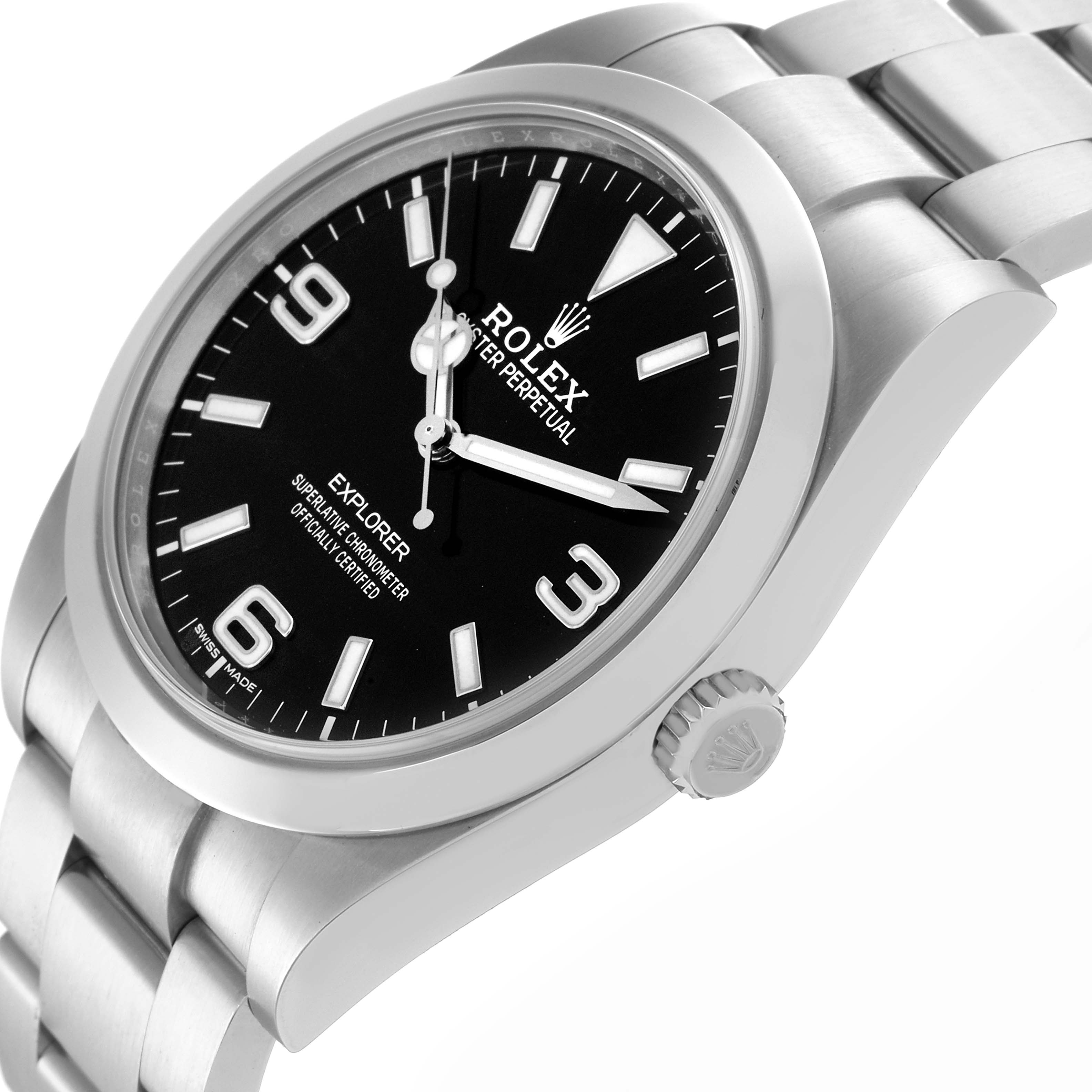 The Rolex Explorer 214270 Men's Stainless Steel Black Dial 214270 Men's Stainless Steel Black Dial watch is shown at an angled view, displaying the black dial, crown, and partial bracelet.