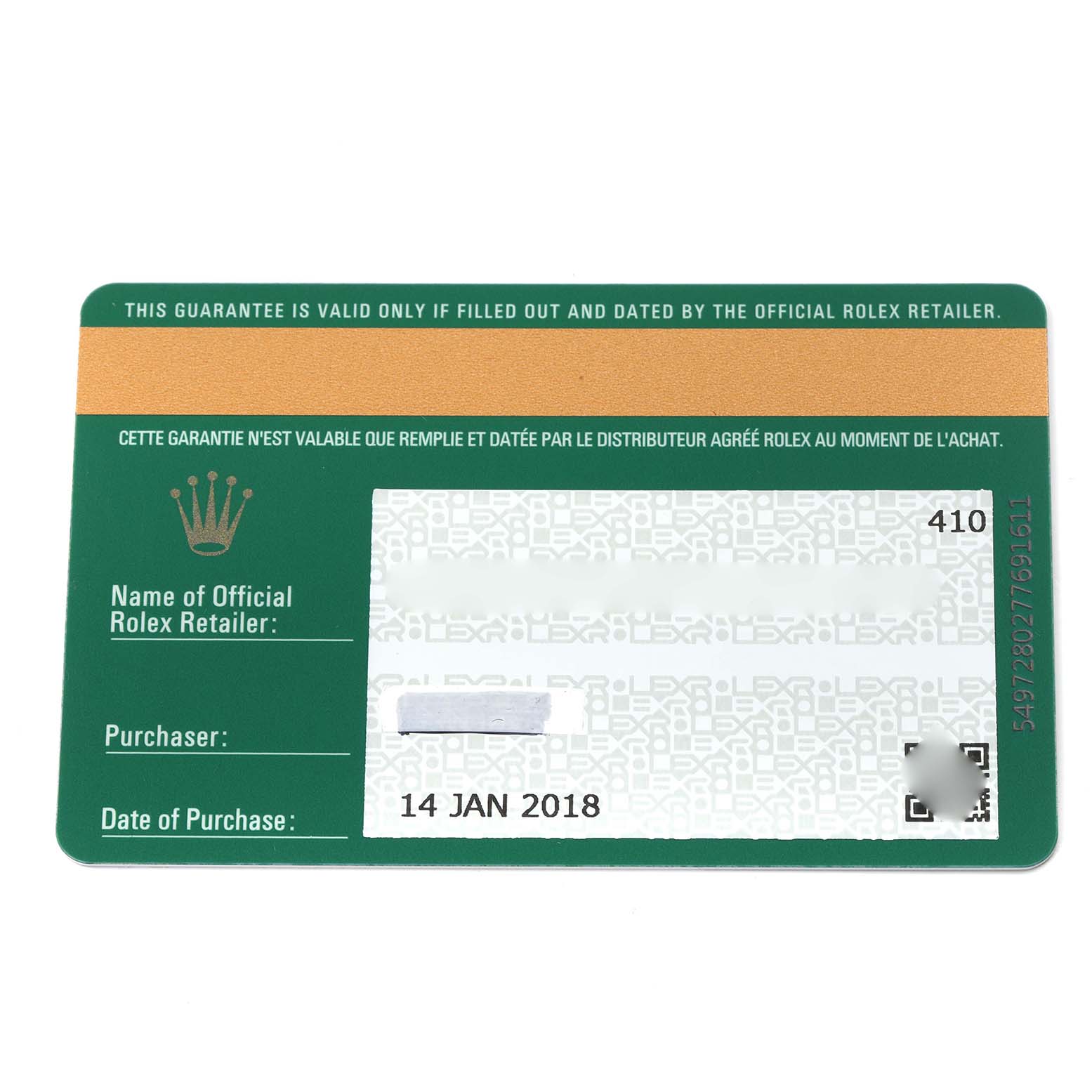 The image shows a guarantee card for a Rolex Explorer 214270 Men's Stainless Steel Black Dial 214270 Men's Stainless Steel Black Dial, displaying retailer, purchaser, and date of purchase details.